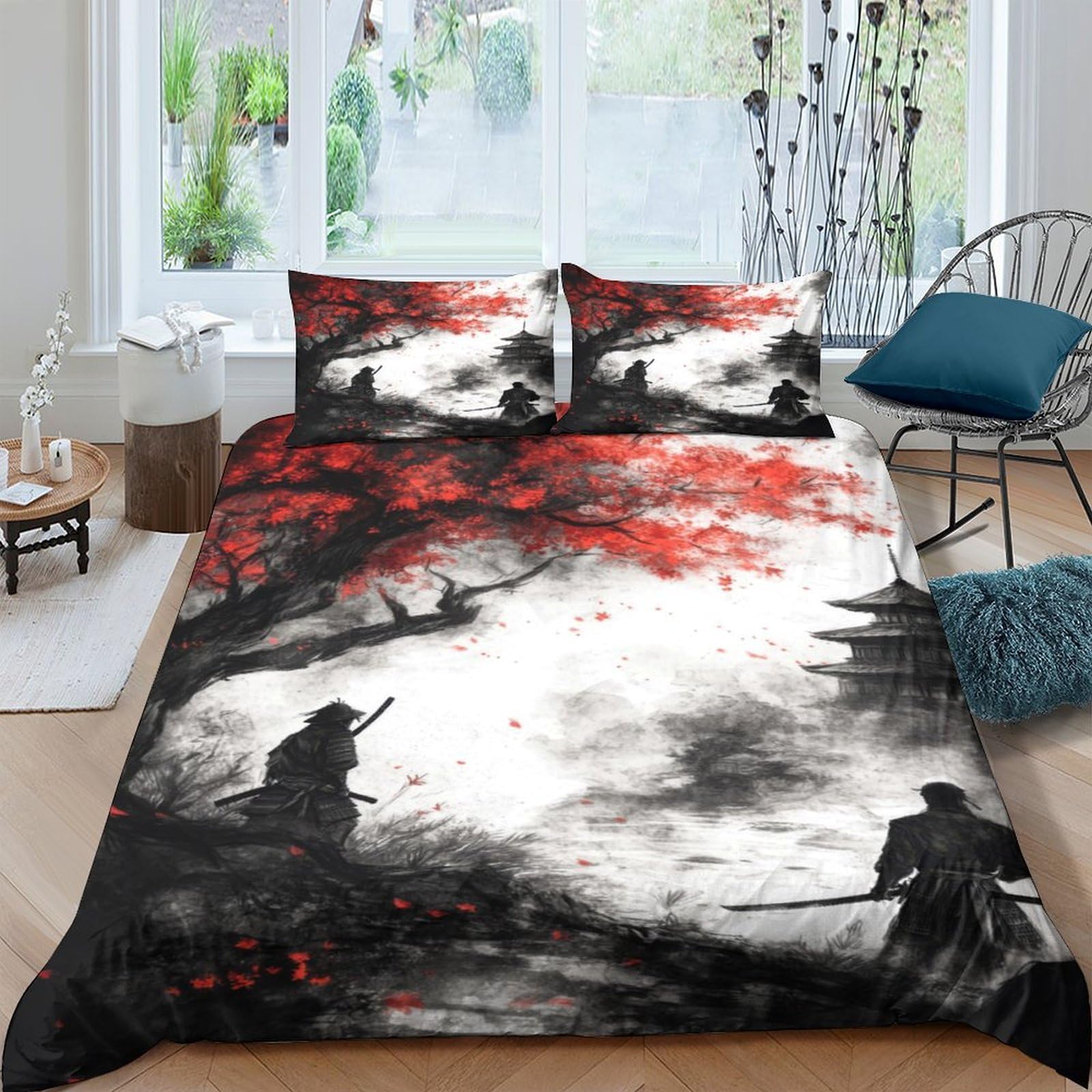 Ctjqhvkz Style-1 3D Printed Samurai Red Maple Fitted Sheet Microfiber Soft Black White Ink Art Mattress Cover For Bedroom Dorm Decor Single（135X200cm）