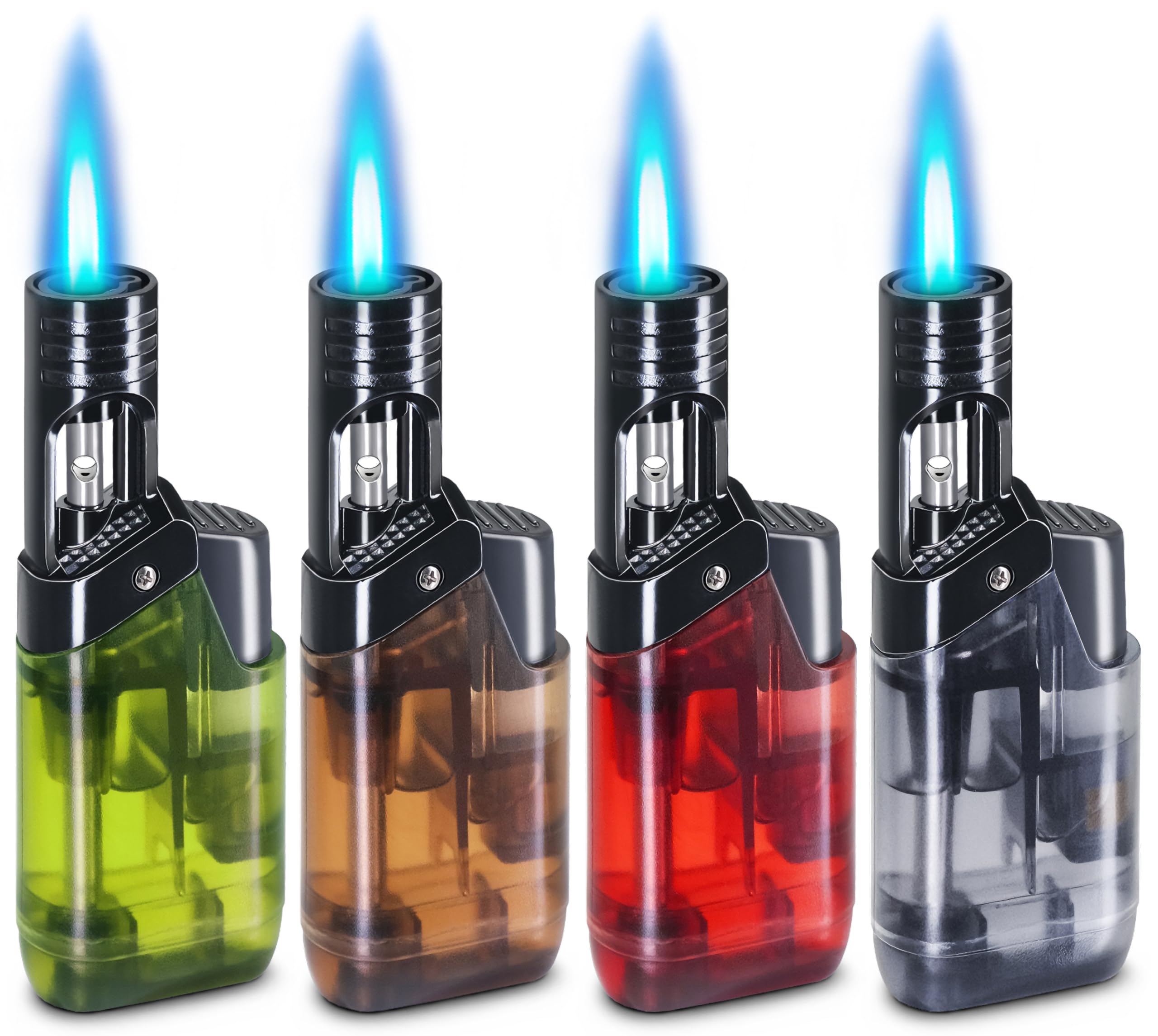 4 Pack Torch Lighter Mini Butane Multipurpose Utility Lighter with Wand Jet Flame Refillable Gas Lighter Pocket Lighter for Candle Camping BBQ Grill (Without Fuel) Assorted Colors