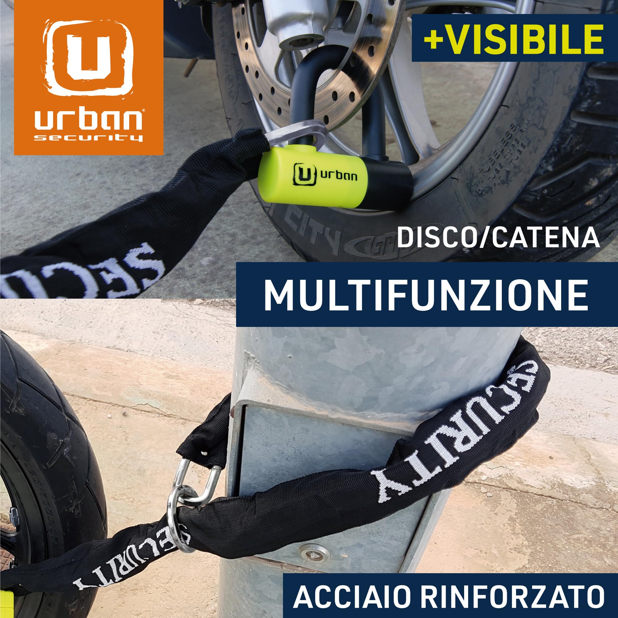 URBAN UR59120 - Lucchetto antifurto mini U con catena con fiocco da 120 cm, doppia funzione più sicura per lucchetto moto disco, serratura ad alta sicurezza e doppia chiusura, antifurto universale per