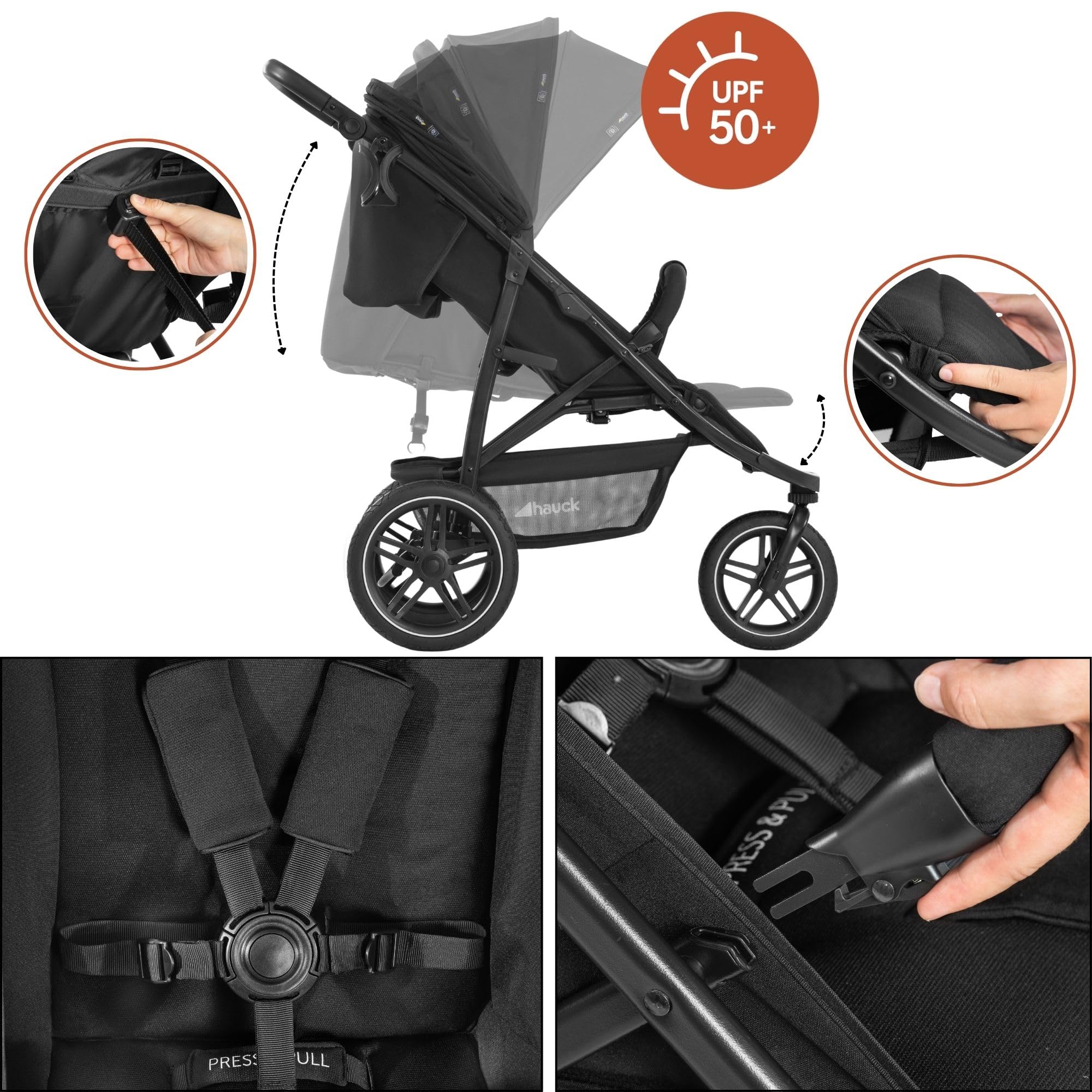 Hauck Poussette 3 Roues Rapid 3R, Pneus Caoutchouc, Suspension, Position Allongée, 22 kg, Protection UV 50+, Pliable, Guidon Réglable, Noir