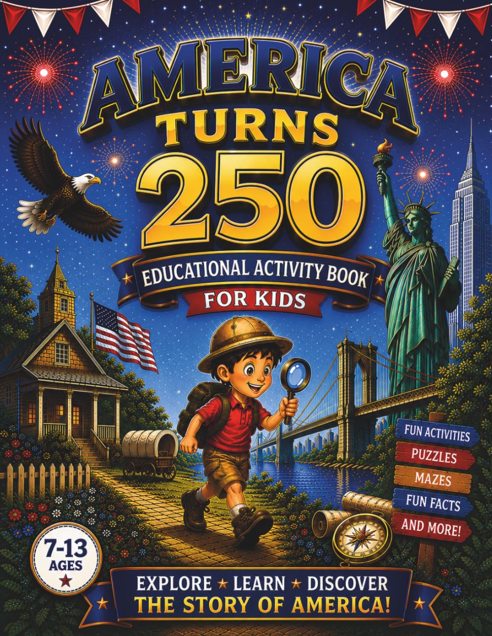 America Turns 250: Educational Activity Book for Kids Ages 7–13: Fun American History, Symbols, Holidays, Mazes, Word Searches, Coloring Pages and Educational Activities