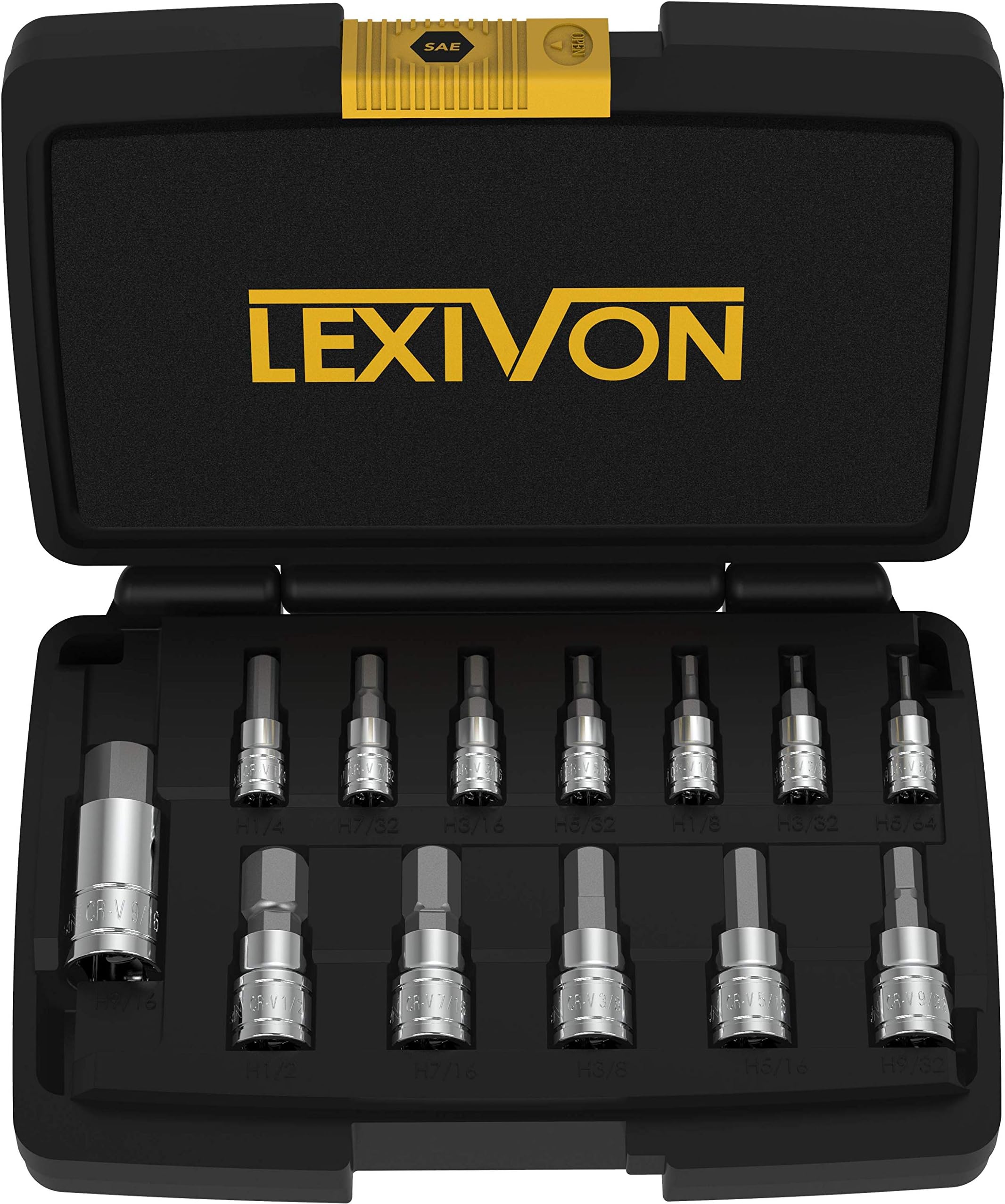 LEXIVON HEX Bit Socket Set, Premium S2 Alloy Steel | 13-Piece SAE 5/64" - 9/16" Set | Enhanced Storage Case (LX-142)