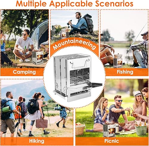 Miniatura 7 de Estufa de camping de leña con parrilla, estufa plegable portátil de acero inoxidable con asa, bolsa de transporte y 2 pernos para senderismo,