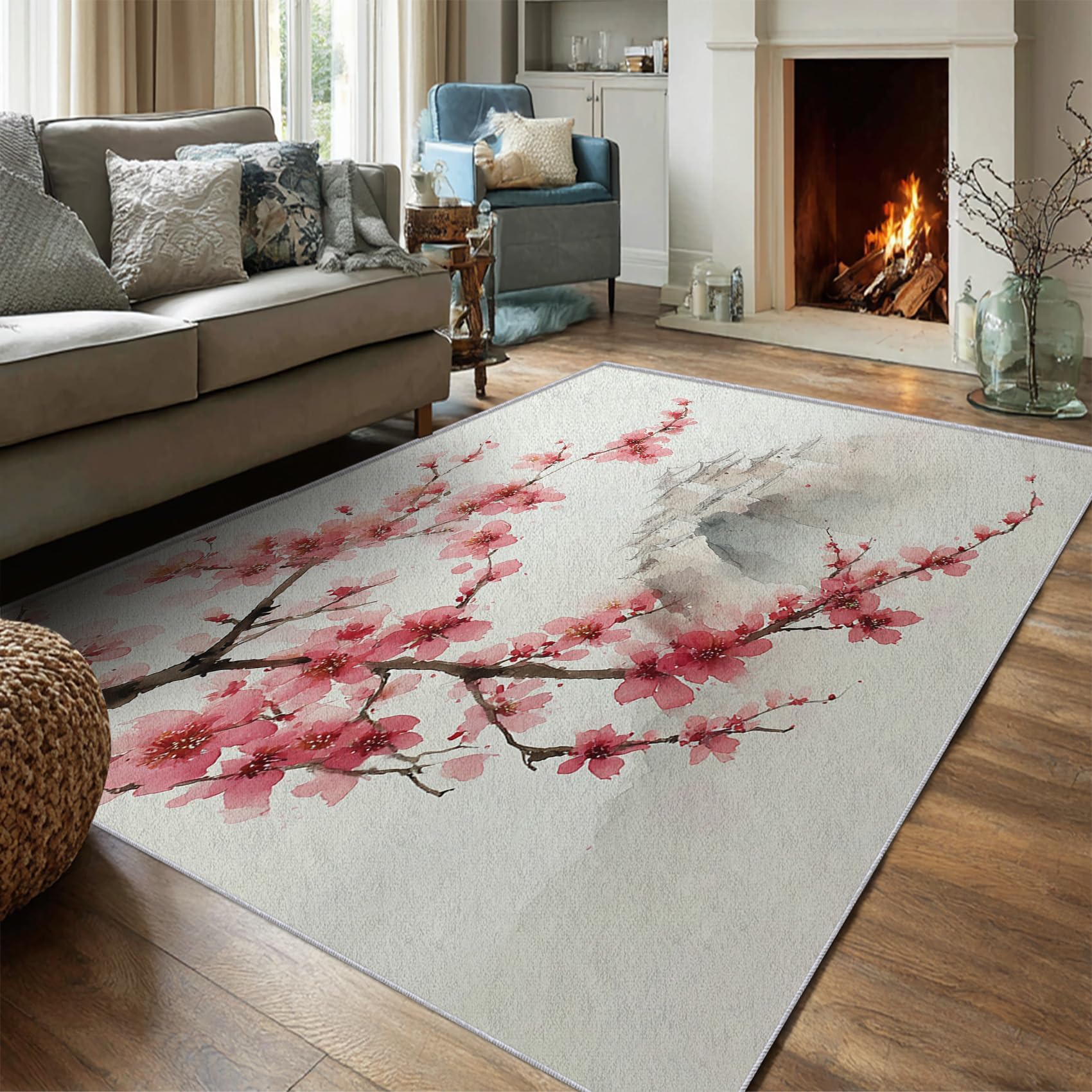 Tapis de Salon Lavable 120x140cm, Motif Floral Japonais Rose à Fleurs de Cerisier, Peinture à l'encre, idéal pour décoration Salon et de la Chambre, Doux et antidérapant.