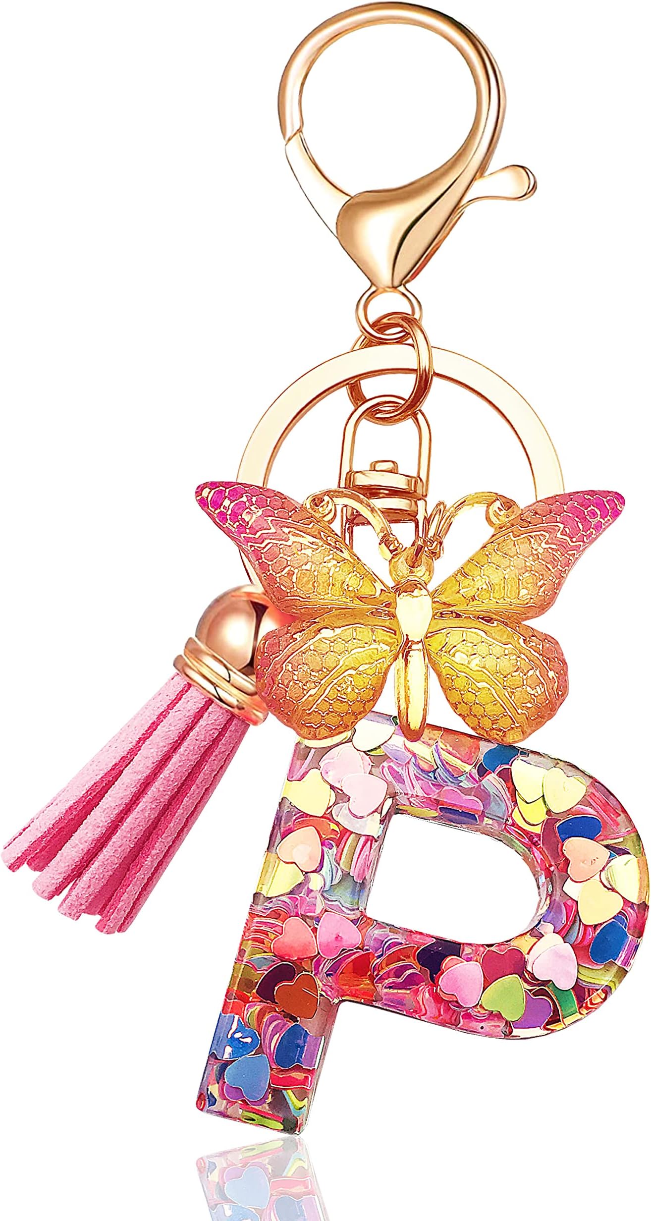 JINGUAZI Initial letter Keychains for Women Tassel Butterfly Pink Purple Cute Car Keychain for Wallet Backpack bag charm