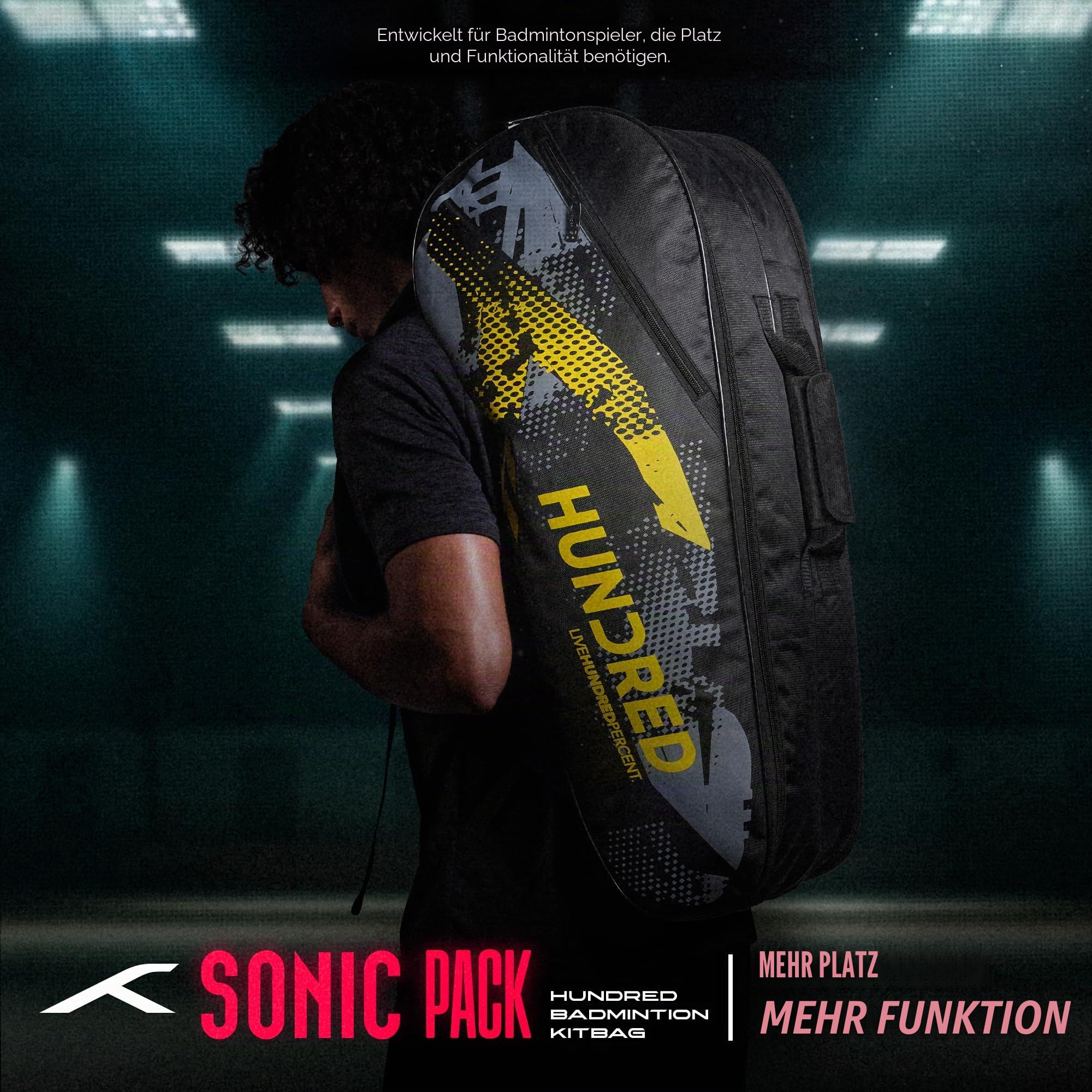 HUNDRED Sonic Pack Kit Bag | Spacious Badminton Racket Bag with Two Large compartments for Rackets, Shoes, and Equipment – ​​Ideal for Sports, Gym, and travel | Unisex Design | Black