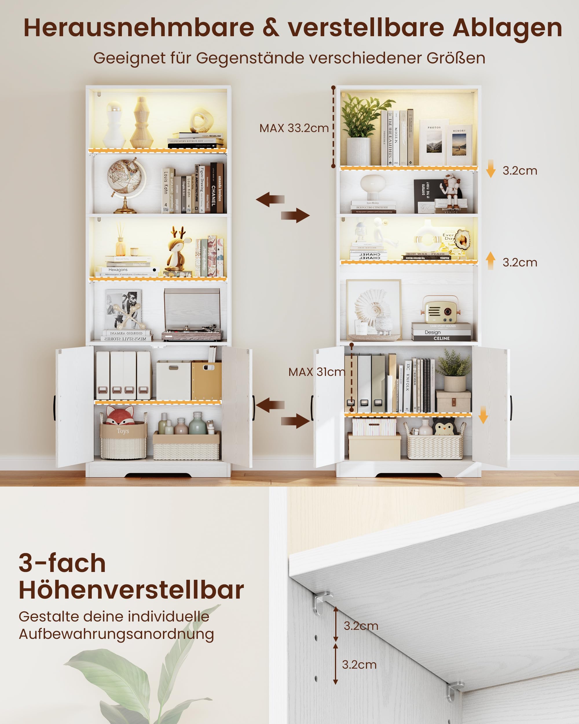 IRONCK 190cm Bücherregal Bücherschrank mit LED-Beleuchtung & Türen, weiß