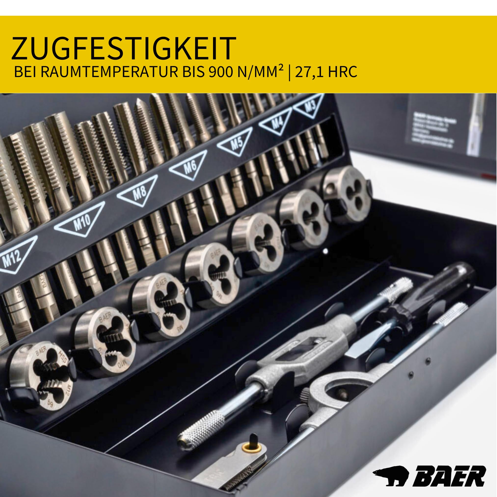 BAER Gewindeschneider Set M3-M12 HSS-G | Gewindeschneidsatz Gewindebohrer & Schneideisen | Innen- und Außengewinde schneiden | Windeisen & Schneideisenhalter | Metallkassette