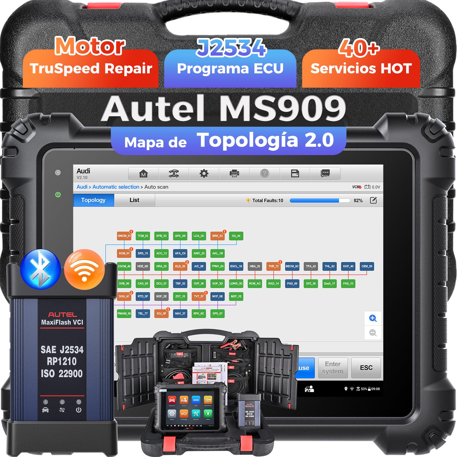 Autel MaxiSYS MS909 OBD2 Diagnosis Coche Multimarca,Inteligente | Actualización Elite II PRO/MS908S PRO II, programación ECU J2534, 40+ servicios, 3000+ pruebas activas, CAN FD DoIP