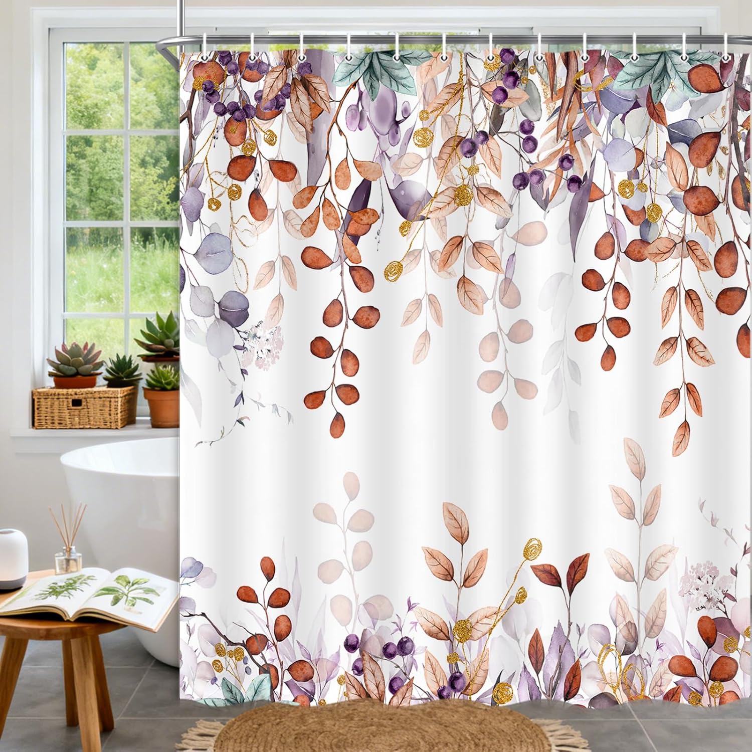 Extra Long Shower Curtain 72X84 Inch, Tall Sage Green Eucalyptus Botanical Shower Curtain, Watercolor Plants Foliage Floral Bathroom Decor, Waterproof Fabric Bathroom Curtains Set with Hooks