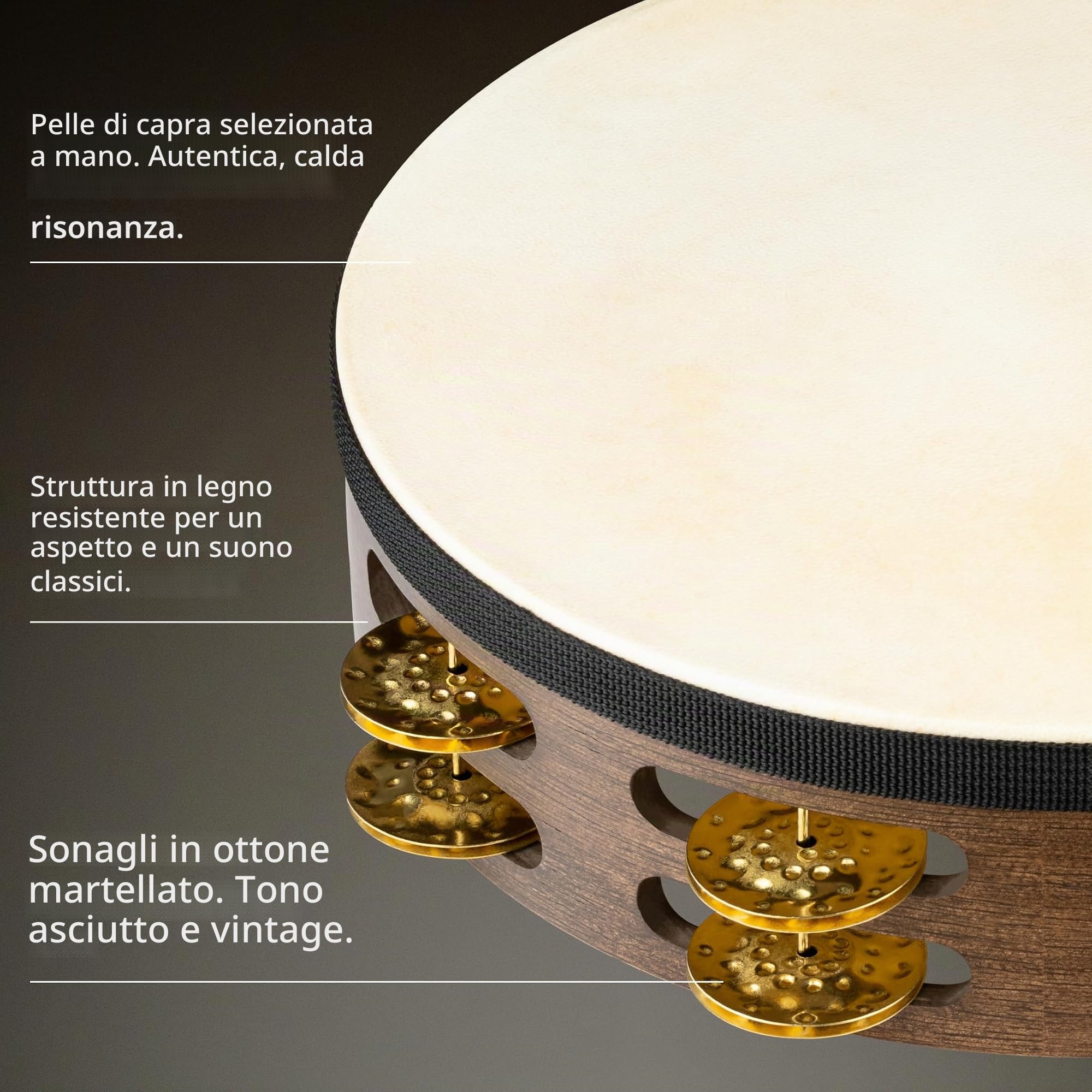 Meinl Percussion TAH2V-WB - Tamburello in legno con testa di pelle di capra e 2 file di sonagli in ottone nel telaio, diametro: 25,40 cm (10''), colore marrone noce