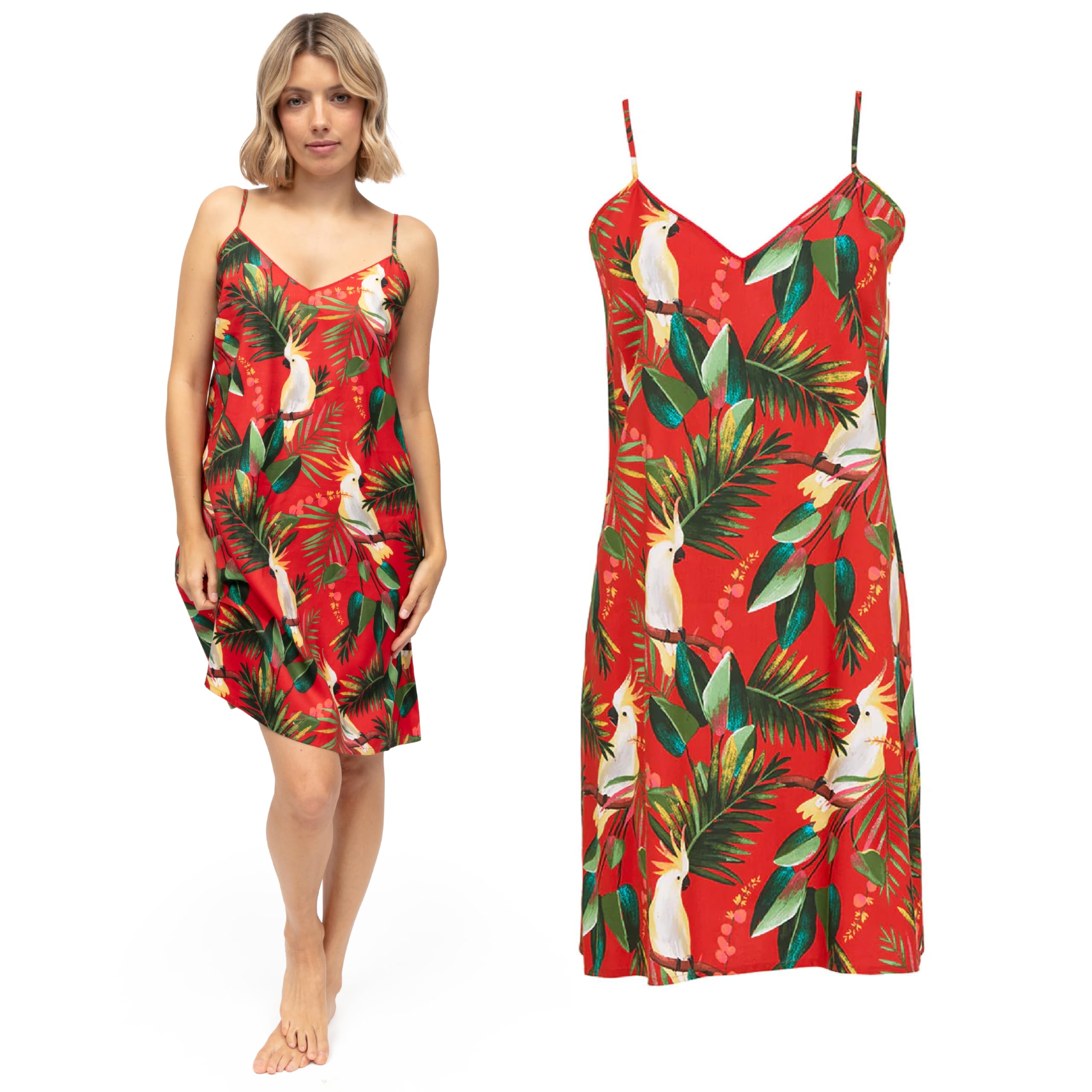 Cyberjammies Tara Red Bird Print Strappy Short Nightdress, Red, Size 22, Women