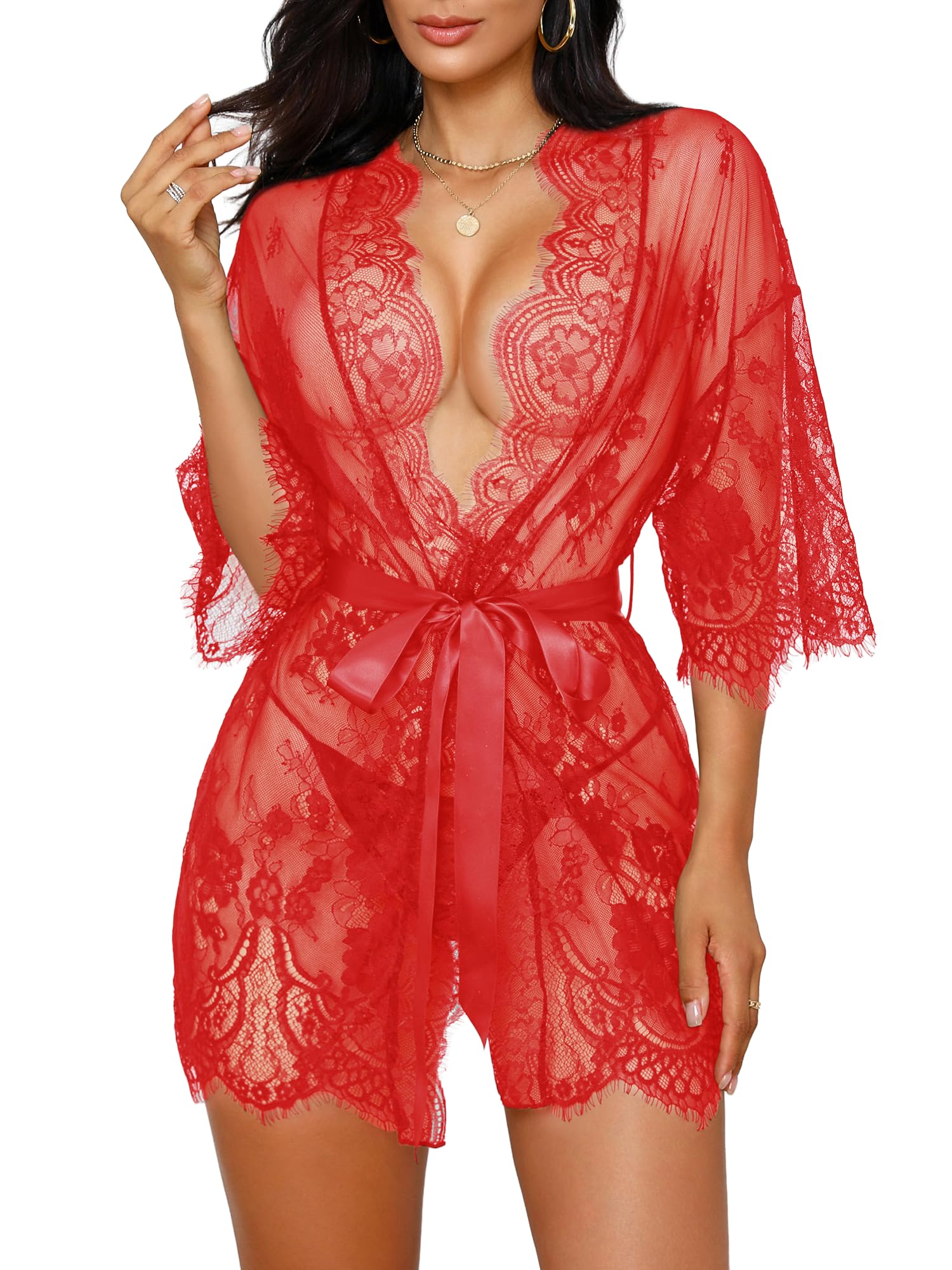 Sexy Lingerie for Women Lace Kimono Robe Mesh Chemise Nightgown Lace Robe XS-3XL