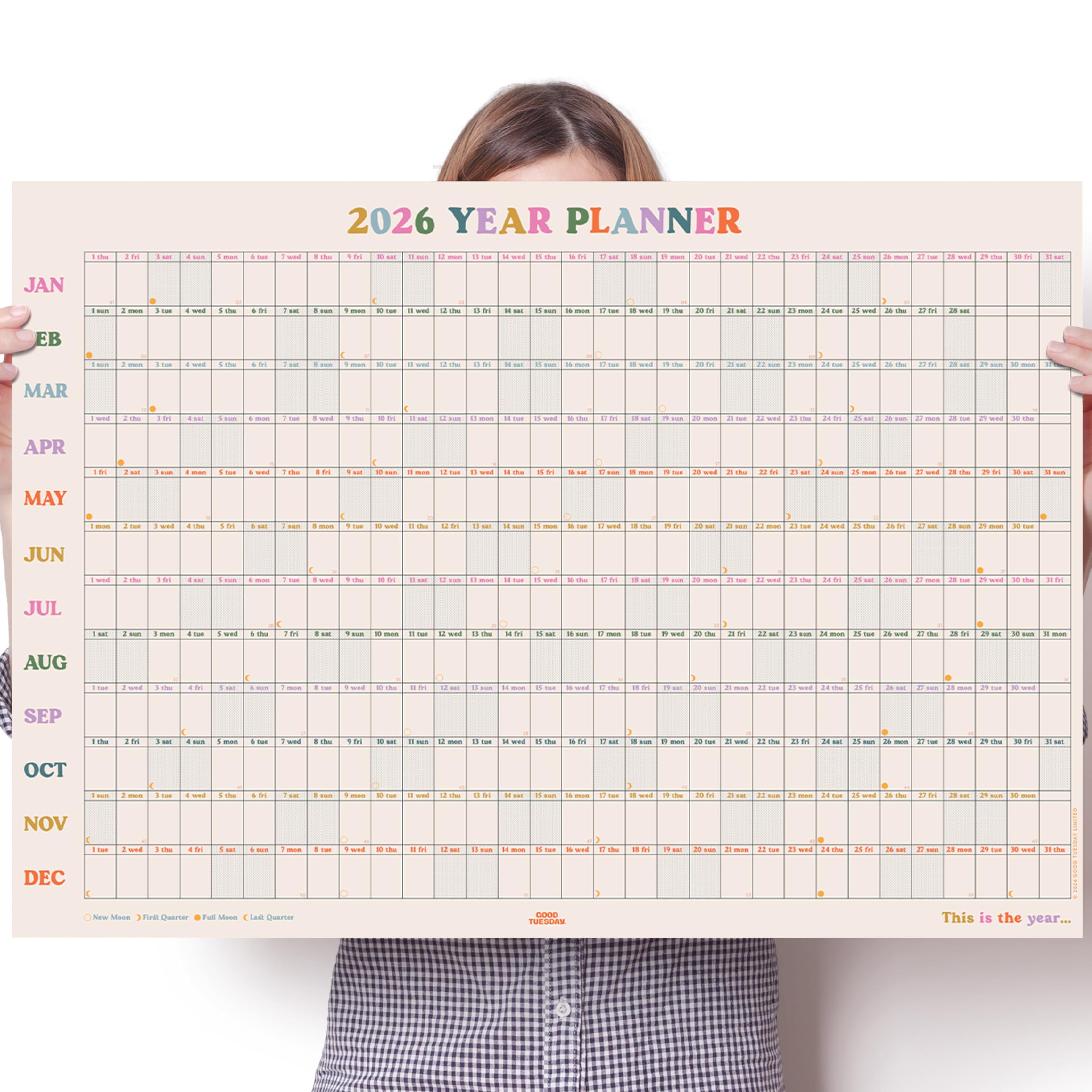 Good Tuesday - 2026 Year Wall Planner, This is the Year Planner - Landscape Layout - with Week Numbers & Moon Phases - Non-toxic Vegetable Ink, 150gsm Bleed-proof Paper, UK Made, 70 x 49 cms — image 1