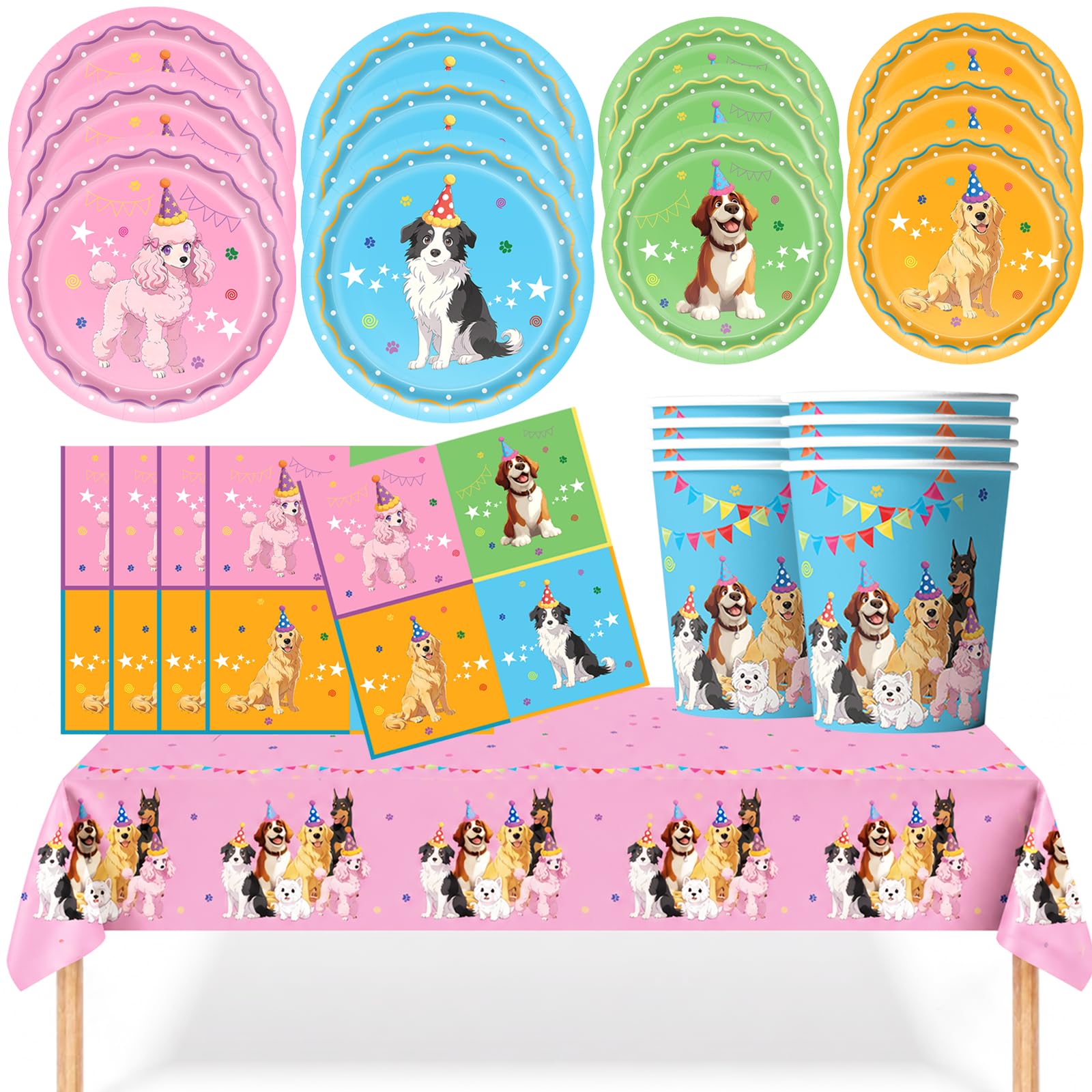 YESAH Pet Dog Party Tableware Set with Paper Plates Cups Napkins Reusable Tablecloth,Puppy Birthday Party Supplies,Paw Print Dinnerware Set for Pet Birthday,Dog Lovers Party and Celebration Decor -16
