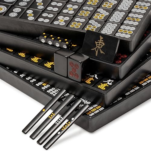 Miniatura 3 de Yellow Mountain Imports Japanese Riichi Mahjong - Juego de azulejos negros de tamaño estándar y caja de vinilo con azulejos de viento oriental juego