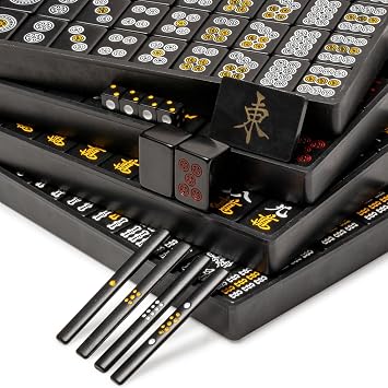Yellow Mountain Imports Japanese Riichi Mahjong Set - Black Standard Size Tiles and Vinyl Case - with East Wind Tile, Set of Scoring Sticks, Dice