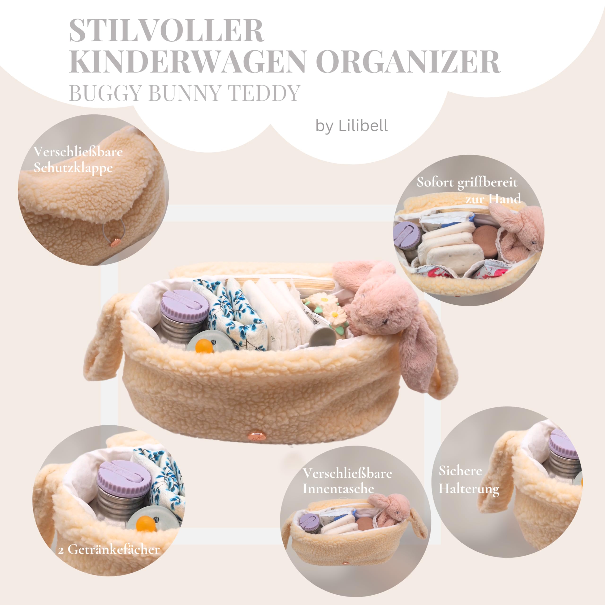 Buggy Kinderwagen Organizer mit Isolierte Getränkehalter, Universal Stylisch & Praktisch Kinderwagen tasche, waschbar Baby Wickeltasche für Kinderwagen, Bunny Bunny (Teddy Beige)