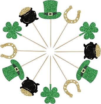 24pcs clover cupcake topper, St. Patricks Day Irish theme party cake decoration, selected green glitter lucky clover cake decoration supplies