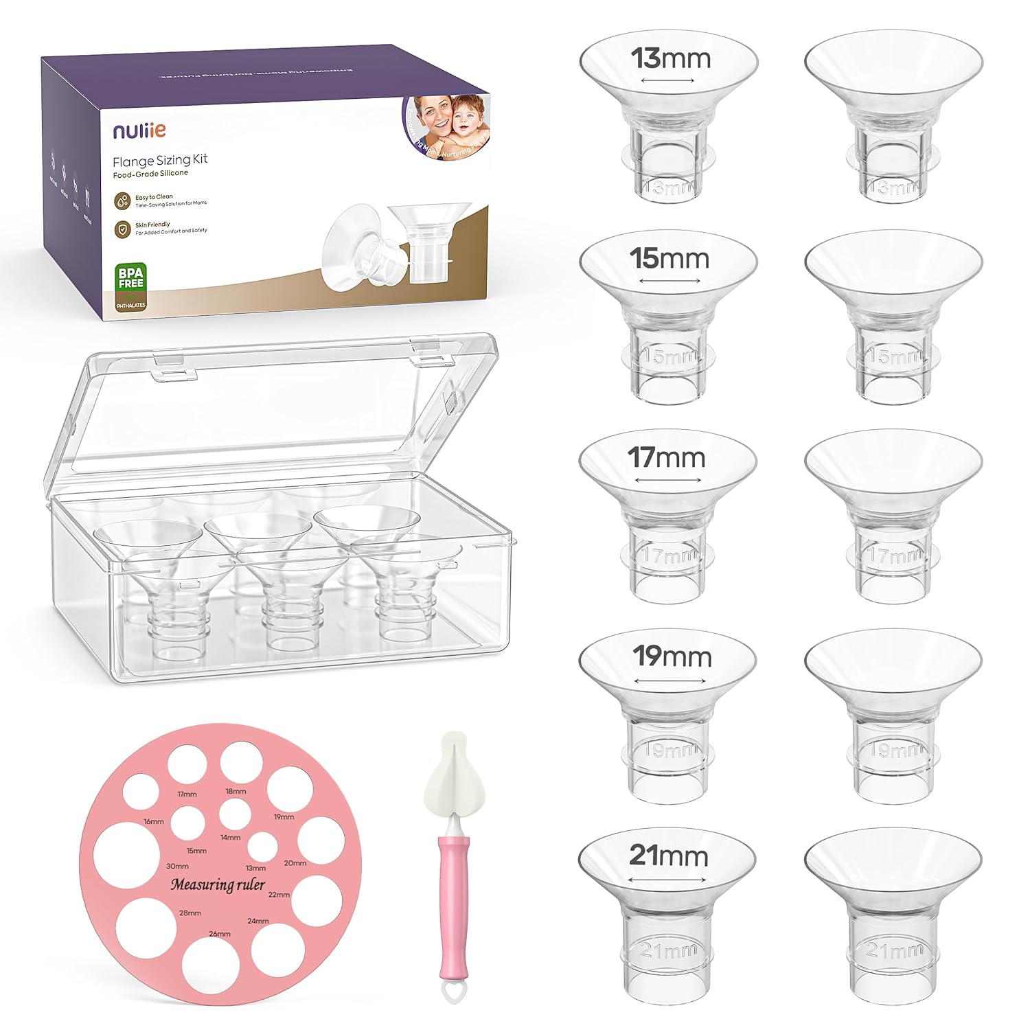 Nuliie 10PCS Flange Sizing kit 13/15/17/19/21mm for 24mm Flange/Shield of Most Pumps, BPA-Free Flange Inserts, Compatible with Momcozy/Elvie/Spectra/Bellababy/TSRETE/Nuliie Breast Pumps