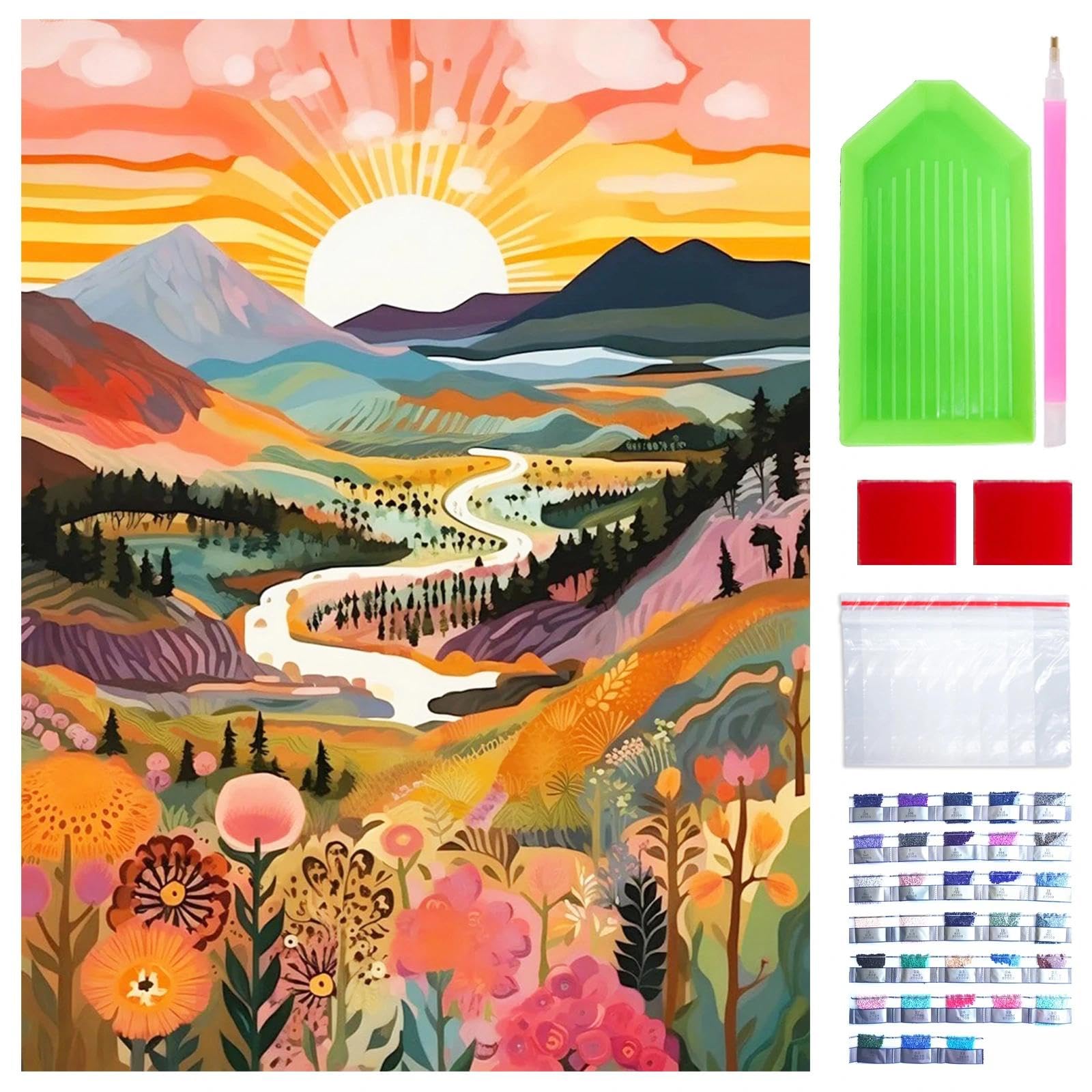 Yalkin Black Sunrise Diamond Art Kis For Adults, 5D Diy Landscape Diamond Painting Kits With Round Drills Full Drill Gem Painting Set For Home Wall And Gifts 12X16inch (30X40cm)