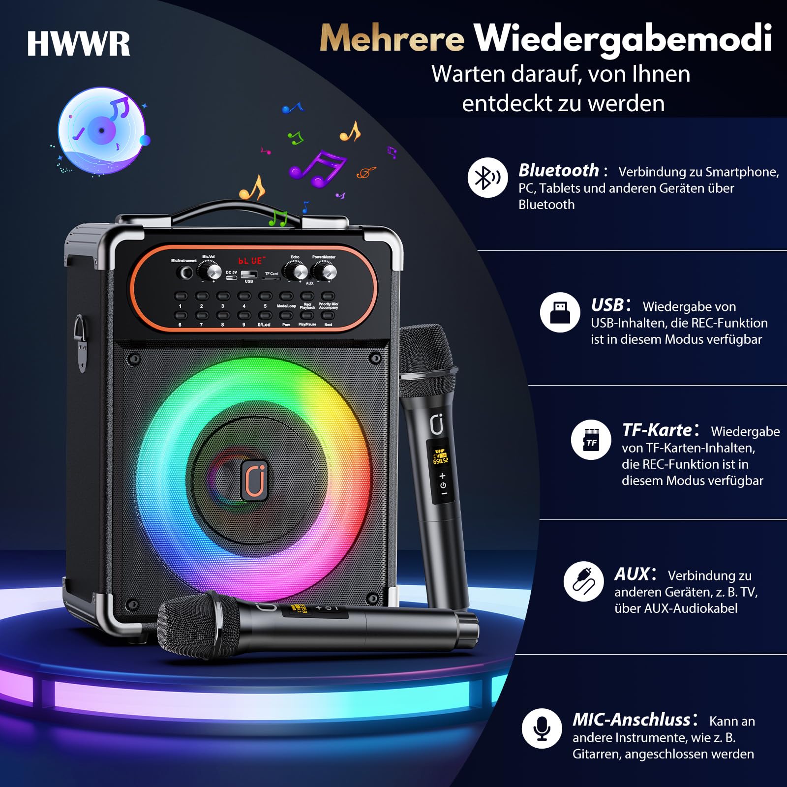 HWWR Karaoke Maschine, Karaoke Anlage mit 2 Mikrofonen Tragbarer Bluetooth 5.3-Lautsprecher mit PA-Anlage mit Echo-Einstellung, Unterstützung für TWS/TF-Karte/USB/AUX/TV-Anschluss, Bühnensubwoofer