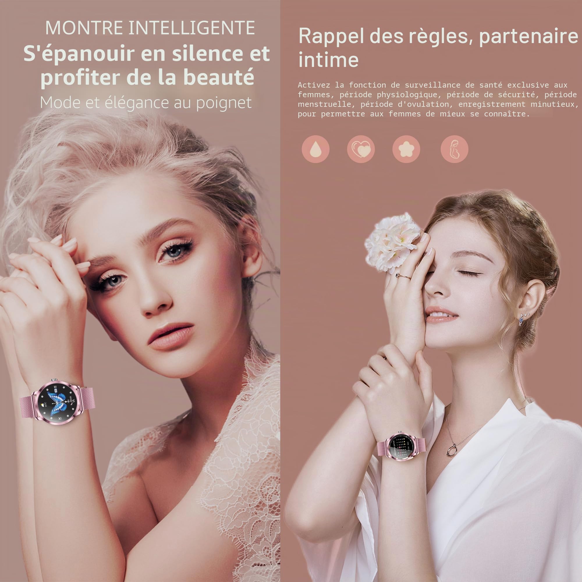 Montre Connectée Femme avec Appel Bluetooth 5.1/Numérotation, 3 Bracelets, 1,09" Smartwatch avec 123 Sportifs Cardiofrequencemètre Moniteur de Sommeil, Fitness Tracker pour Android iOS (Rose)