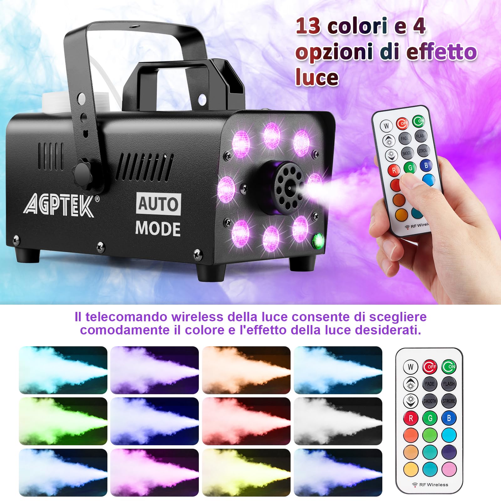 AGPtEK Macchina del Fumo 500 W 2000CFM 13 LED RGB Telecomando