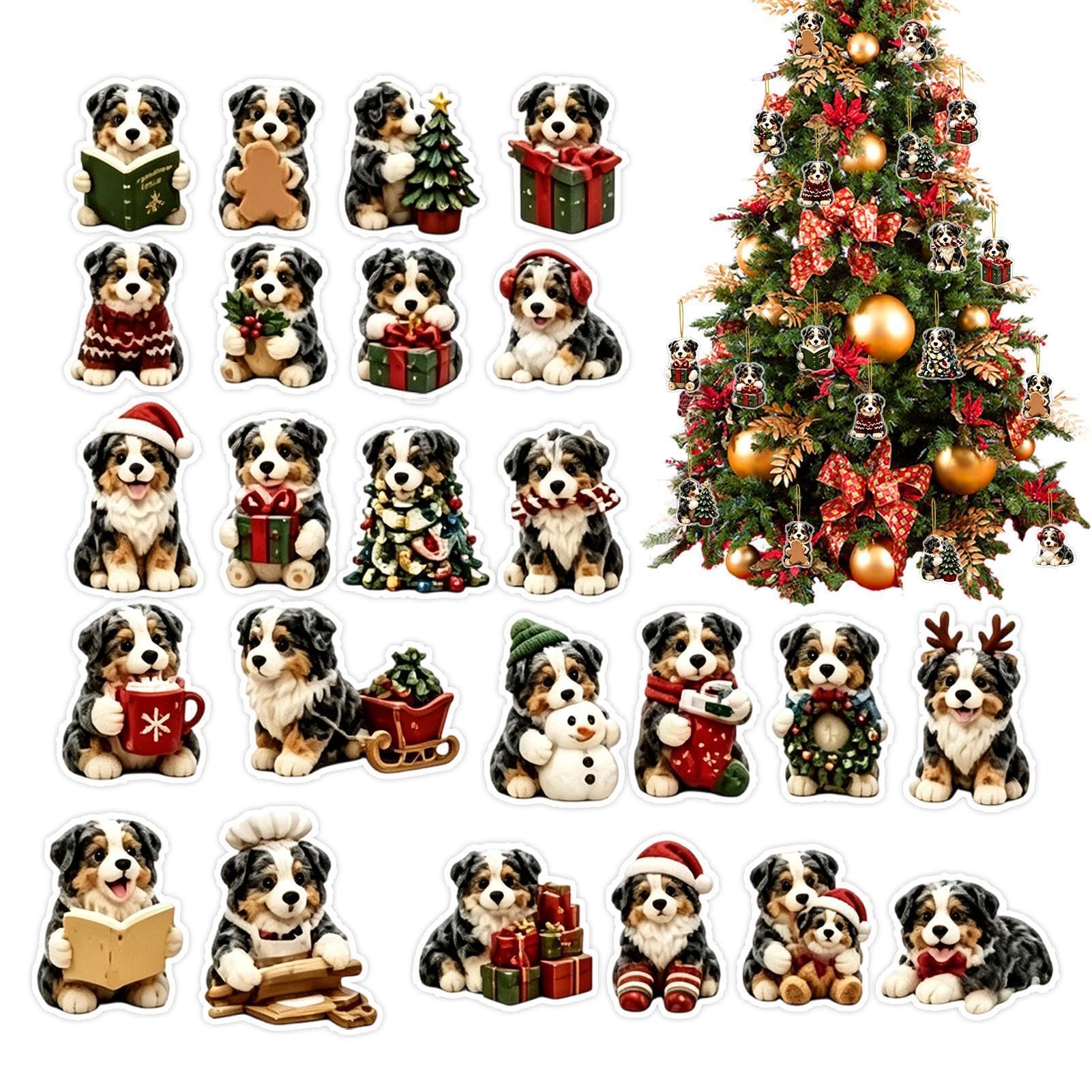 Hunde-Ornament-Countdown-Kalender, 24 Stück, flach, Acryl, niedliches | Weihnachts-Countdown-Sammelstücke für Party, Büro, Wand, Tür, Zuhause, Klassenzimmer, Schule, Schlafsaal