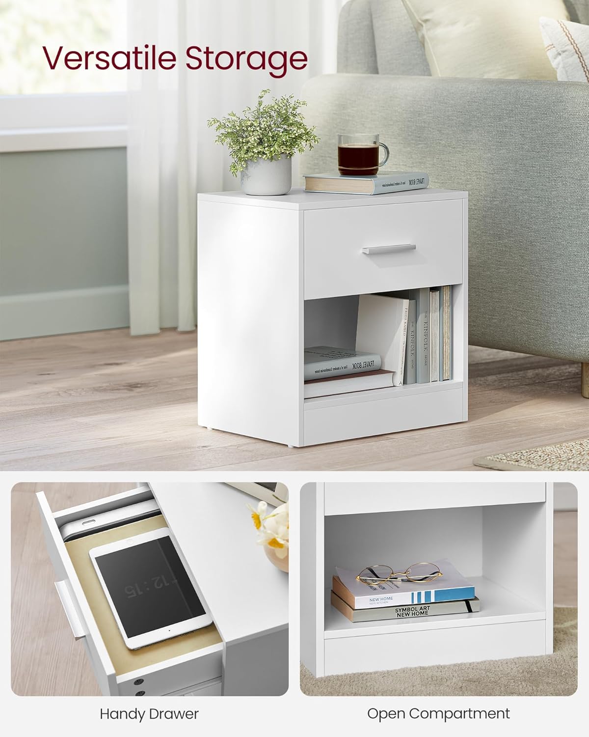 VASAGLE Nightstand, Side Table with Drawer and Shelf, Bedside Table, End Table with Open Compartment, for Bedroom, Living Room, Cloud White ULET619T14 - Image 4