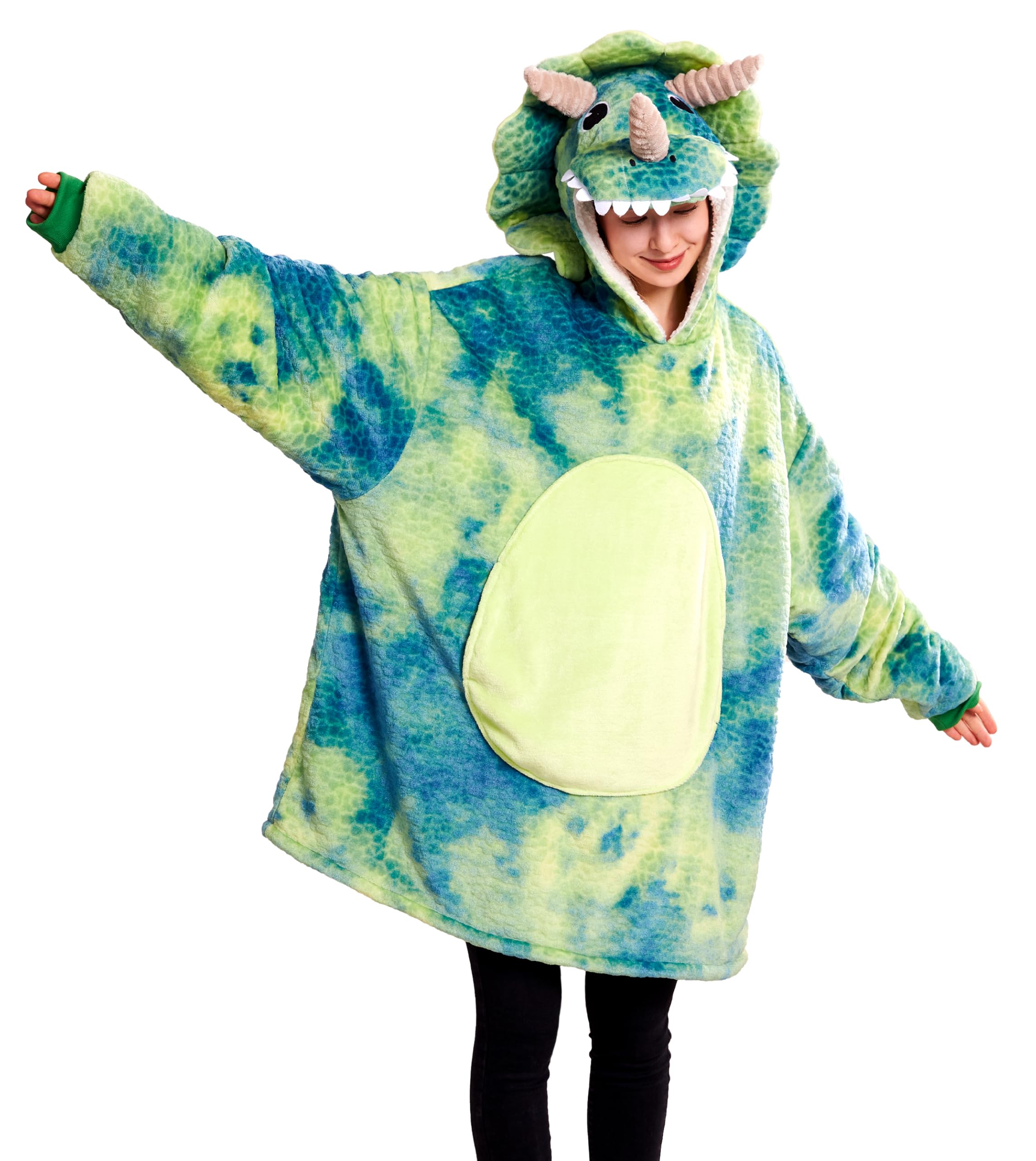 Loiahoer Unisex Triceratops Kostüm Hoodie,Mikrofaser & Sherpa Tie-dye Dino Tragbare Decke Karneval Halloween Kostüm, Einheitsgröße für Alle