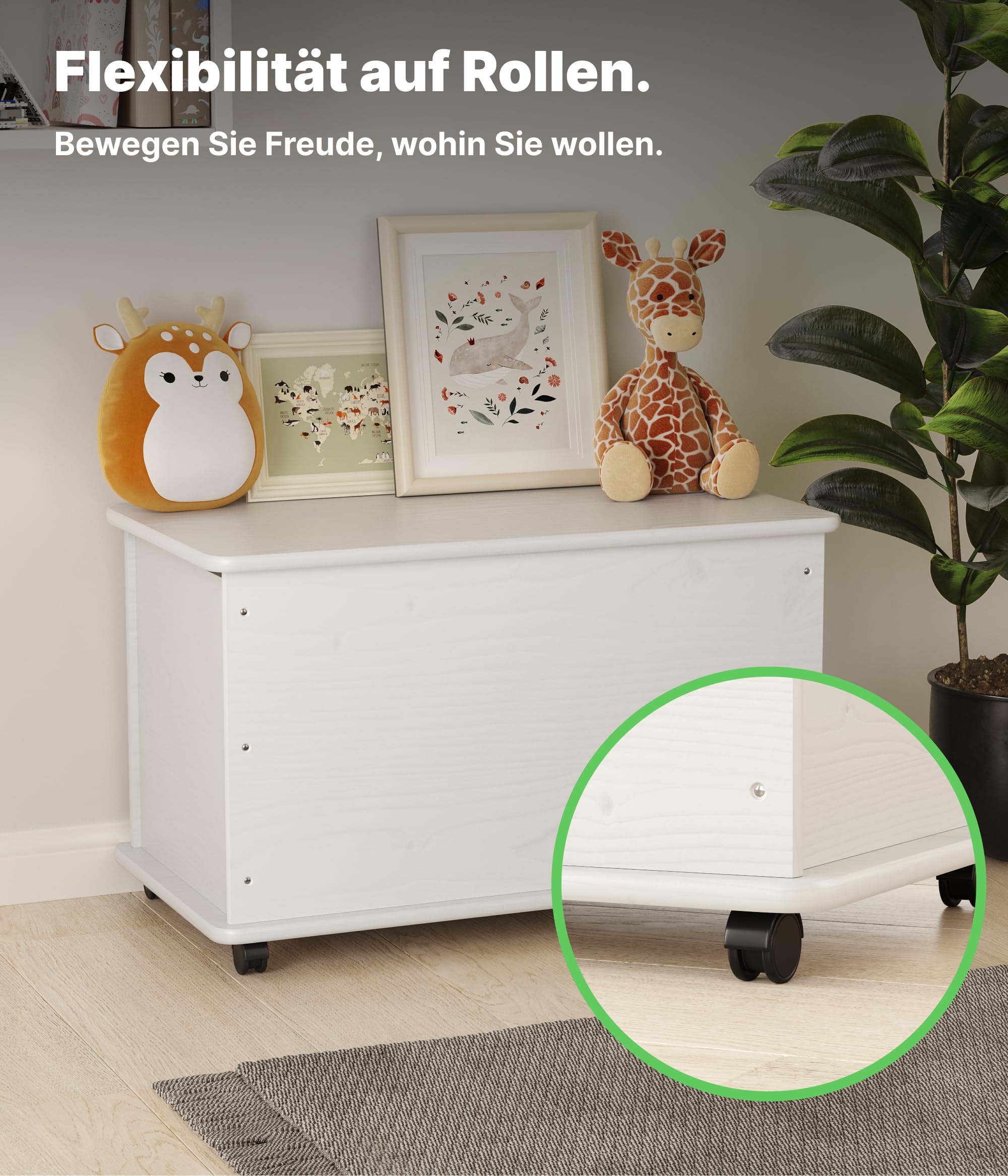 KMH® Premium Spielzeugkiste Holz Weiß mit 4 Doppelrollen und Deckel, 70L Spielzeugtruhe aus massivem Pinienholz, Sitztruhe Holztruhe Aufbewahrungsbox Kinderzimmer Stangenscharnier 73x40x43,5 cm