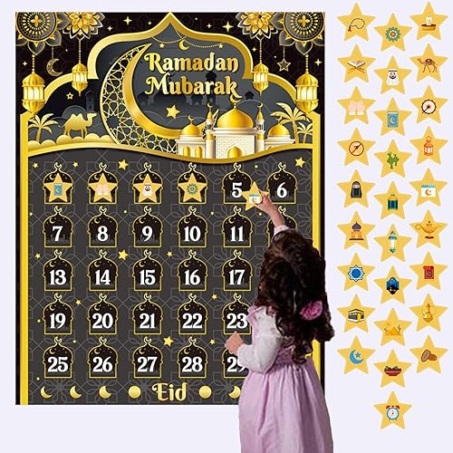 Ramadan Advent Calendar Eid Calendar Countdown, Ramadan Decorations 2024 Ramadan Calendar for Kids, Ramadan Countdown Calendar for Ramadan Games, with 30 Stars Stickers