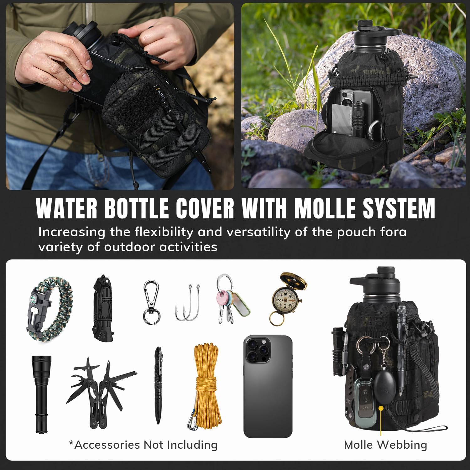 64Oz Tactical Water Bottle - Half Gallon Stainless Steel Insulated Water Bottle, Metal Military Bottle with Rugged, Removable Sleeve Tactical Carrier Bag for Hiking Camping Hunting - Image 5
