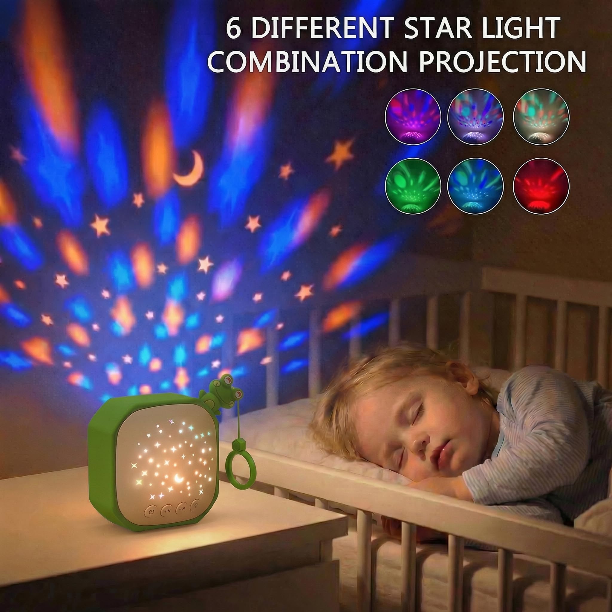 White Noise Sound Machine Baby con proiettore a stella, suono portatile per dormire con gancio per asilo nido, camera da letto, viaggi, neonati, bambini (rana)