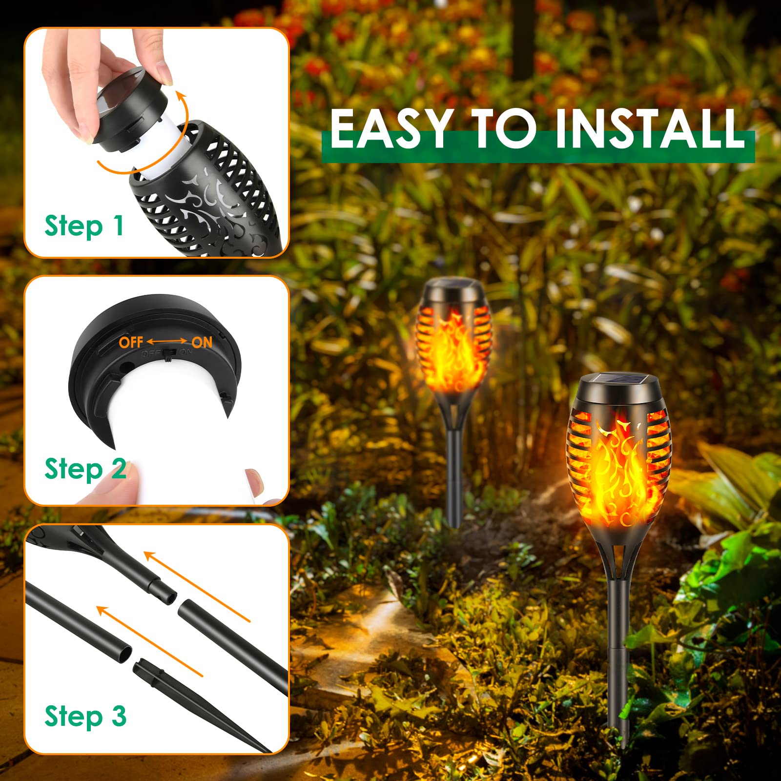 YAZEKY Solarlampen für Außen Garten - 12 LED Solarleuchten fackel mit Realistischer Flammeneffekt, IP65 Wasserdichte Solar Gartenfackeln Solarleuchten für Weg Hinterhöfe (6 Pack)
