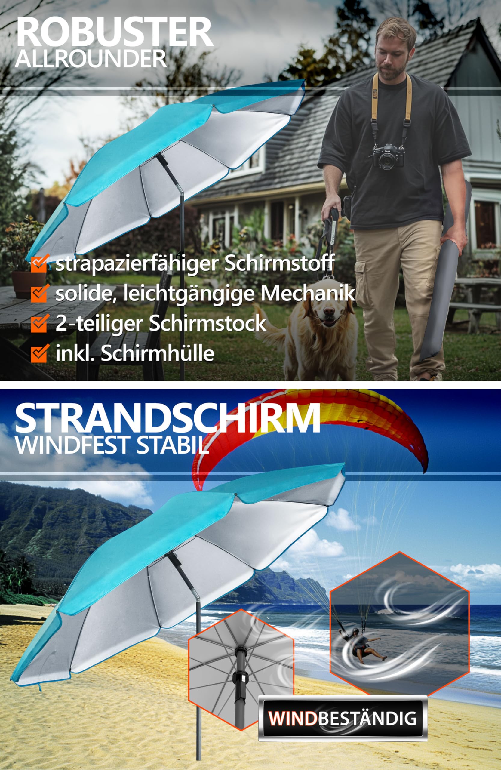 Menz Strandschirm 200cm Anthrazit | UPF 50+ Sonnenschutz | Mit Transport-Hülle & Erdspieß