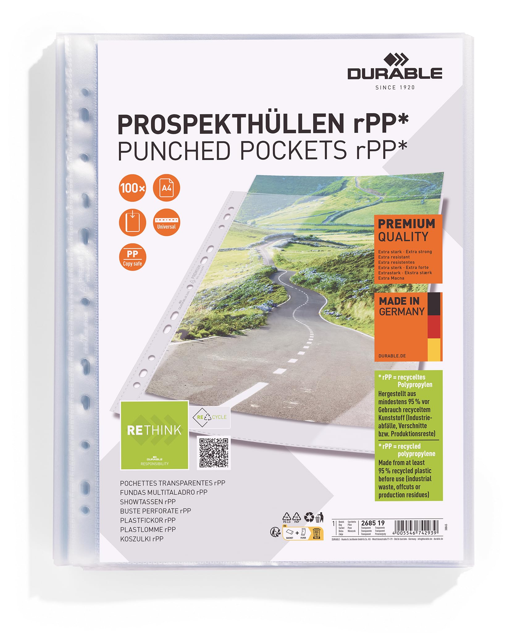 Durable Prospekthüllen A4 in Premiumqualität, aus recyceltem PP, Klarsichthüllen je 100 Stück im Beutel, oben offen, 268519 (300 Stück)