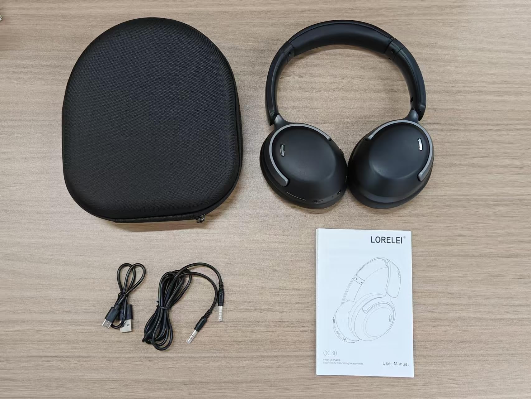 LORELEI QC30 Casque hybride à réduction active du bruit, casque Bluetooth sans fil 60 heures d'autonomie avec micro, basses profondes, ajustement confortable, coussinets souples, charge rapide, noir
