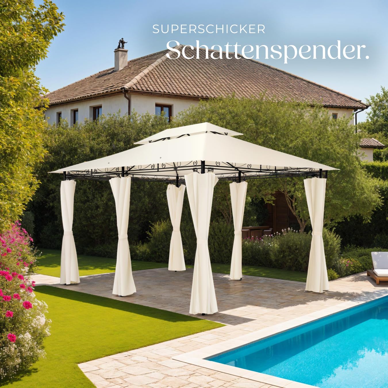 tectake® Luxus Pavillon 3x4, Gartenpavillon mit 6 Seitenteilen, wasserabweisend und UV-beständig, abgesetztes Dach, Pavillon inkl. Spannseile und Heringe, Partyzelt für Garten und Terrasse - Creme