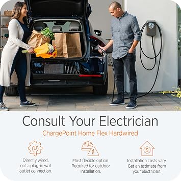 ChargePoint HomeFlex Level 2 EV Charger J1772 - Fast Smart Battery Power Charging at Home for Electric Automobile Vehicles - Hardwired for Electric Car