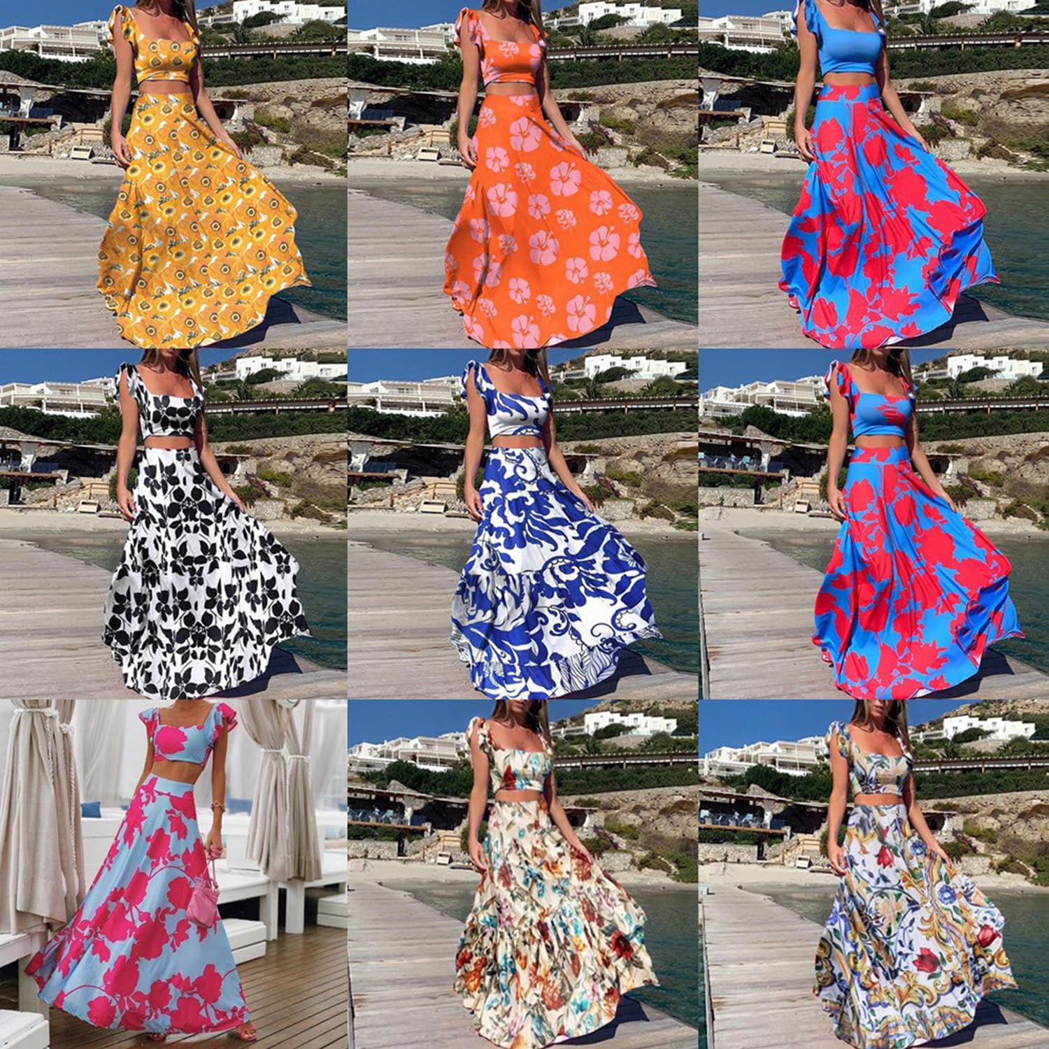 Abiti Casual da Donna, Abito Estivo da Donna, Abito Lungo con Volant, Elegante Abito Estivo con Colletto Quadrato, Abito da Spiaggia, Abito Floreale,Giallo,M