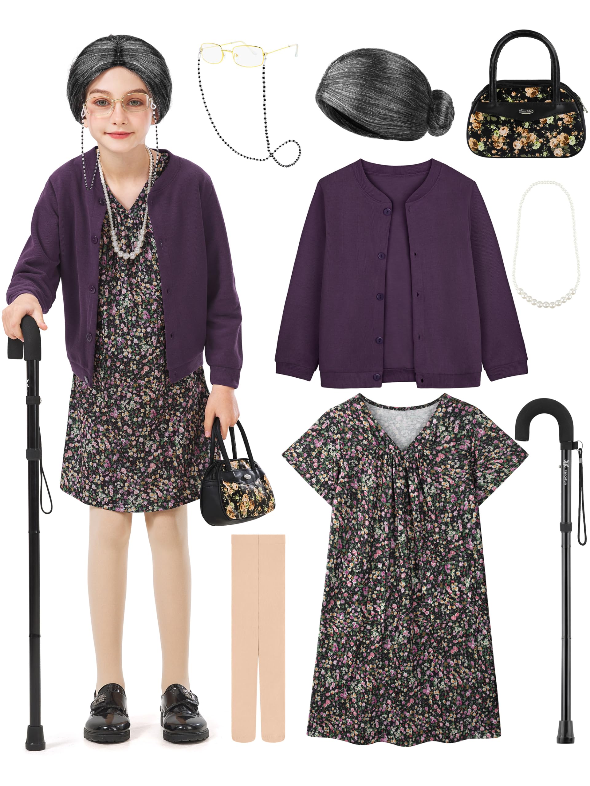 FancyFun 8 Pieces Old Lady Costume for Girls, 100 Days of School Costume for Kids Grandma Wig Granny Dress Cosplay Outifits
