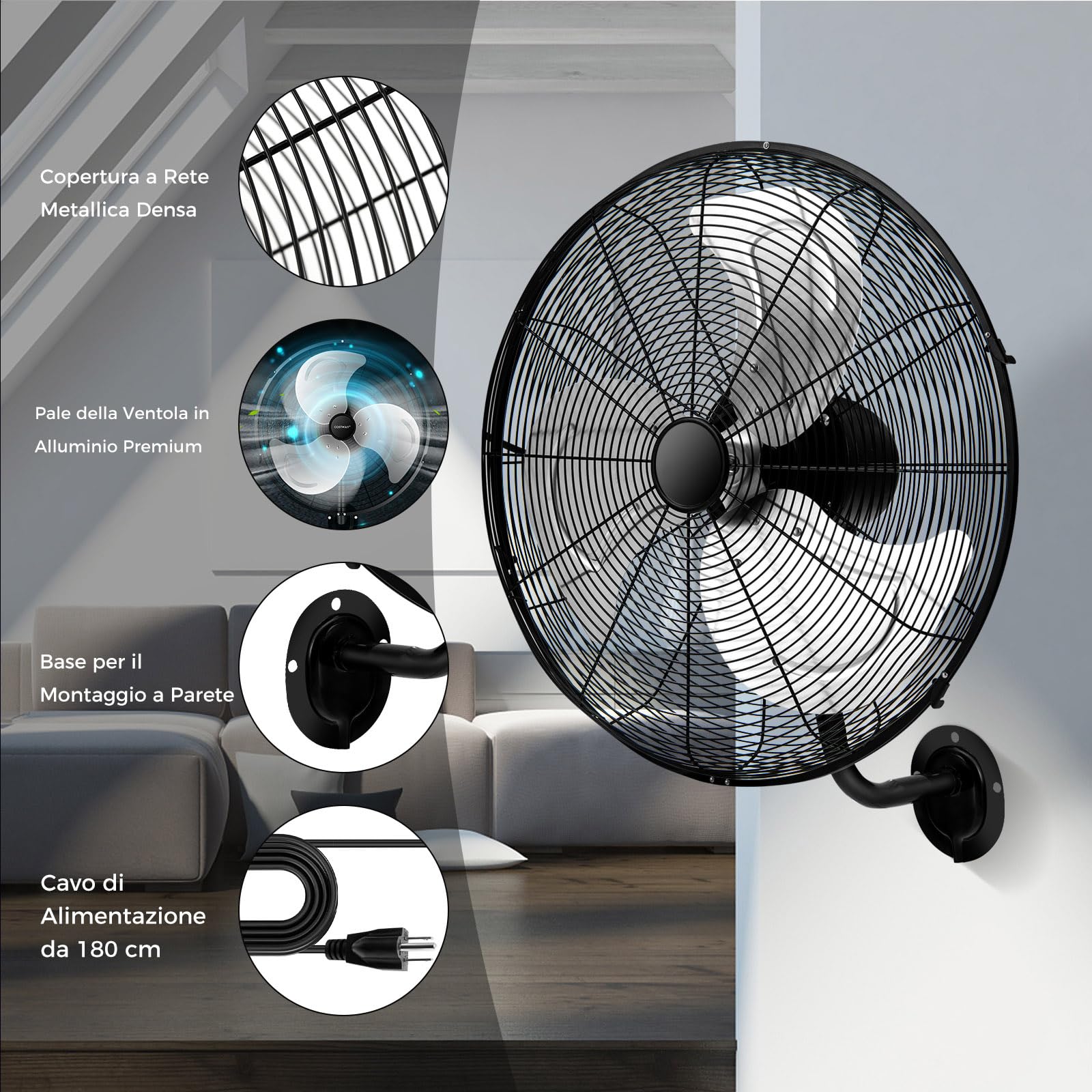 RELAX4LIFE Ventilatore da Parete Industriale 120W, Ventola Oscillante Automatica, 3 Velocità Regolabili, Ventilatore Elettrico con Struttura Metallica, Regolare con Manopola (Nero)