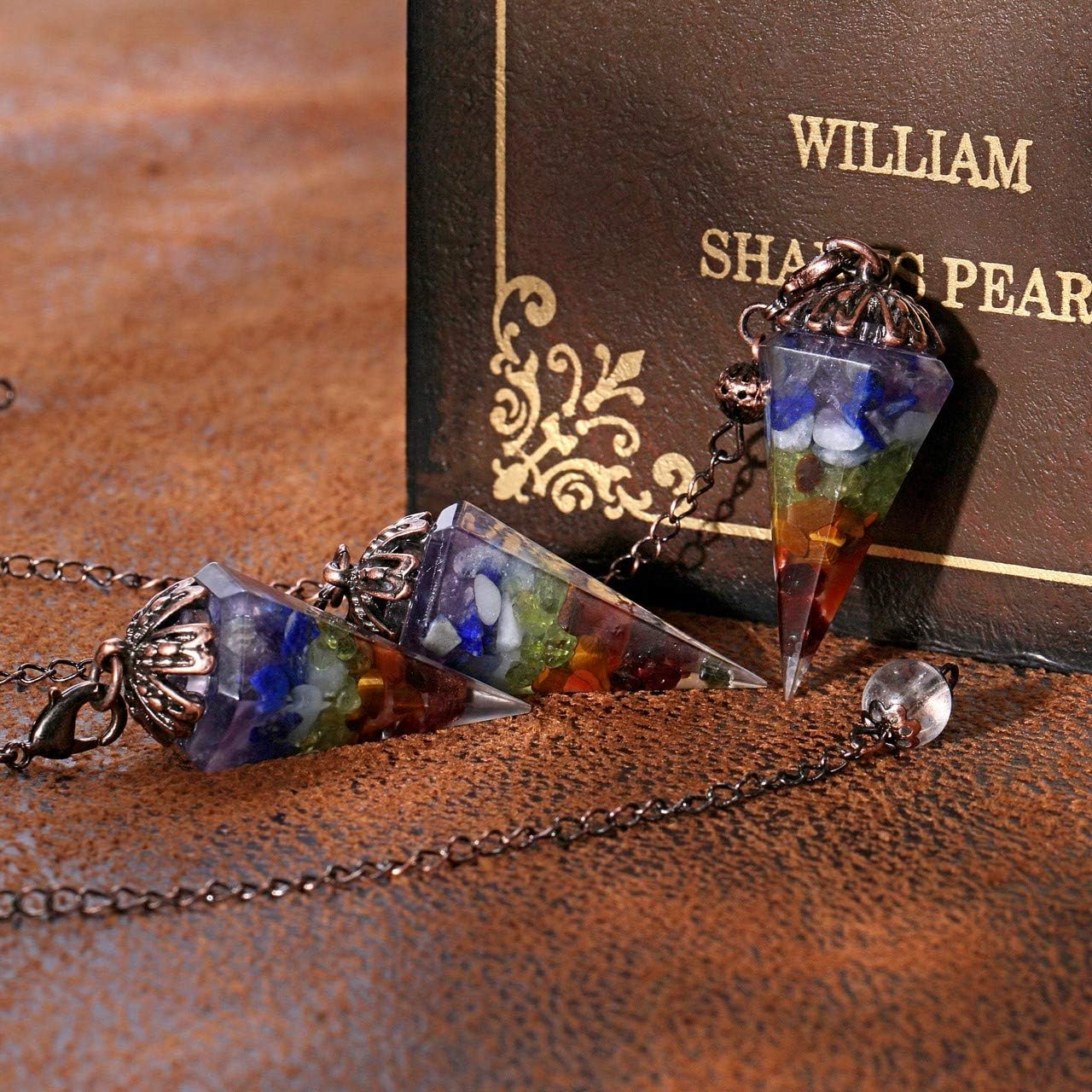 Jovivi Natural 7 Chakra Gemstone Healing Crystals Pendulum for Dowsing Divination 6 Facted Hexagon Pointed Cone Reiki Pendulum Pendant with Chain