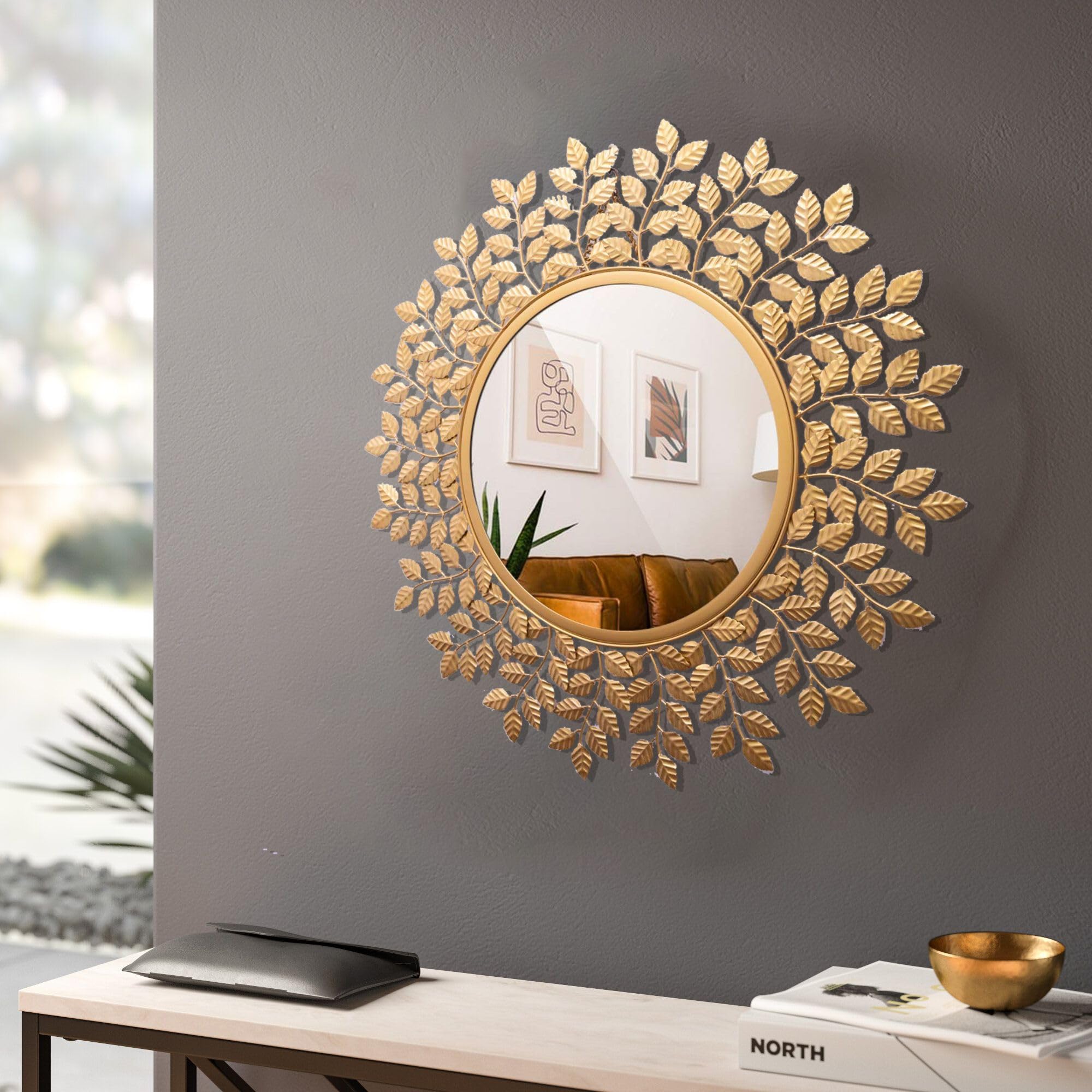 Artemade Iron Framed Decorative Wall Mounted Round Hanging Mirror Stems and Leaves Design Golden Modern Makeup Mirror for Living Room Home Decor (60 Cm)-picture-18