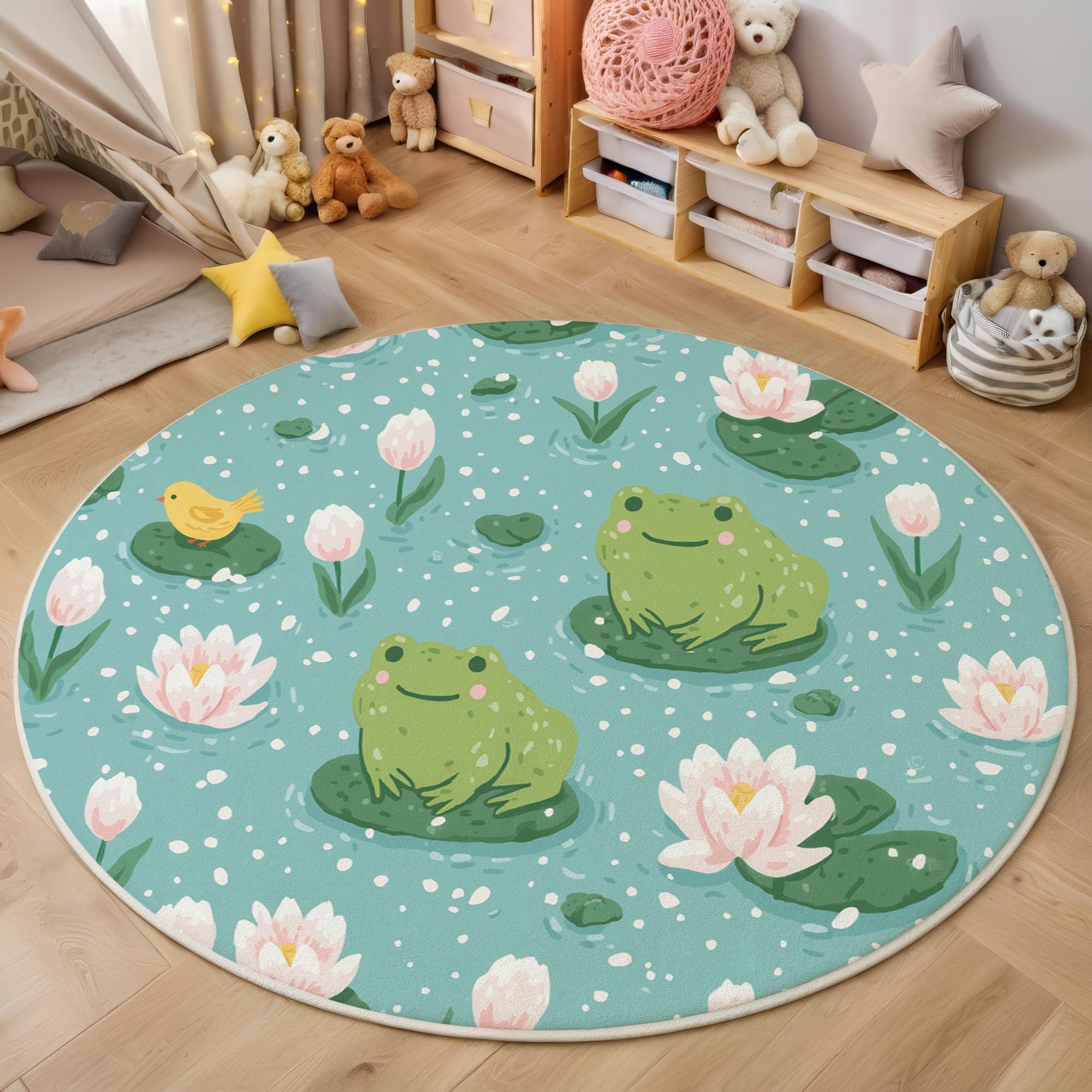 Tapis rond enfant grenouille lotus vert 160cm grand format pour chambre et salle de jeux