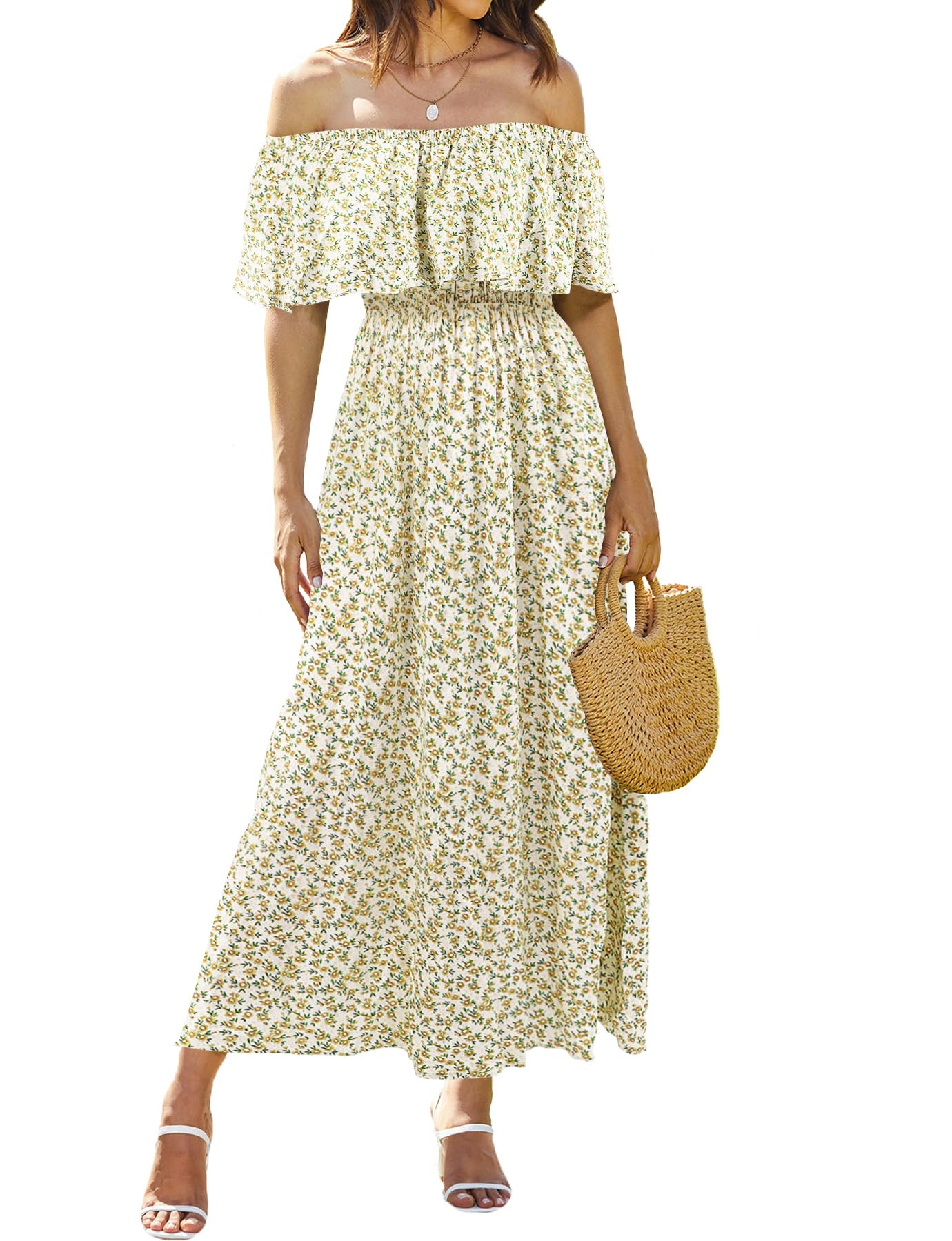 Bluetime Womens Maxi Dress Off Shoulder Floral Print Boho Beach Long Summer Dresses