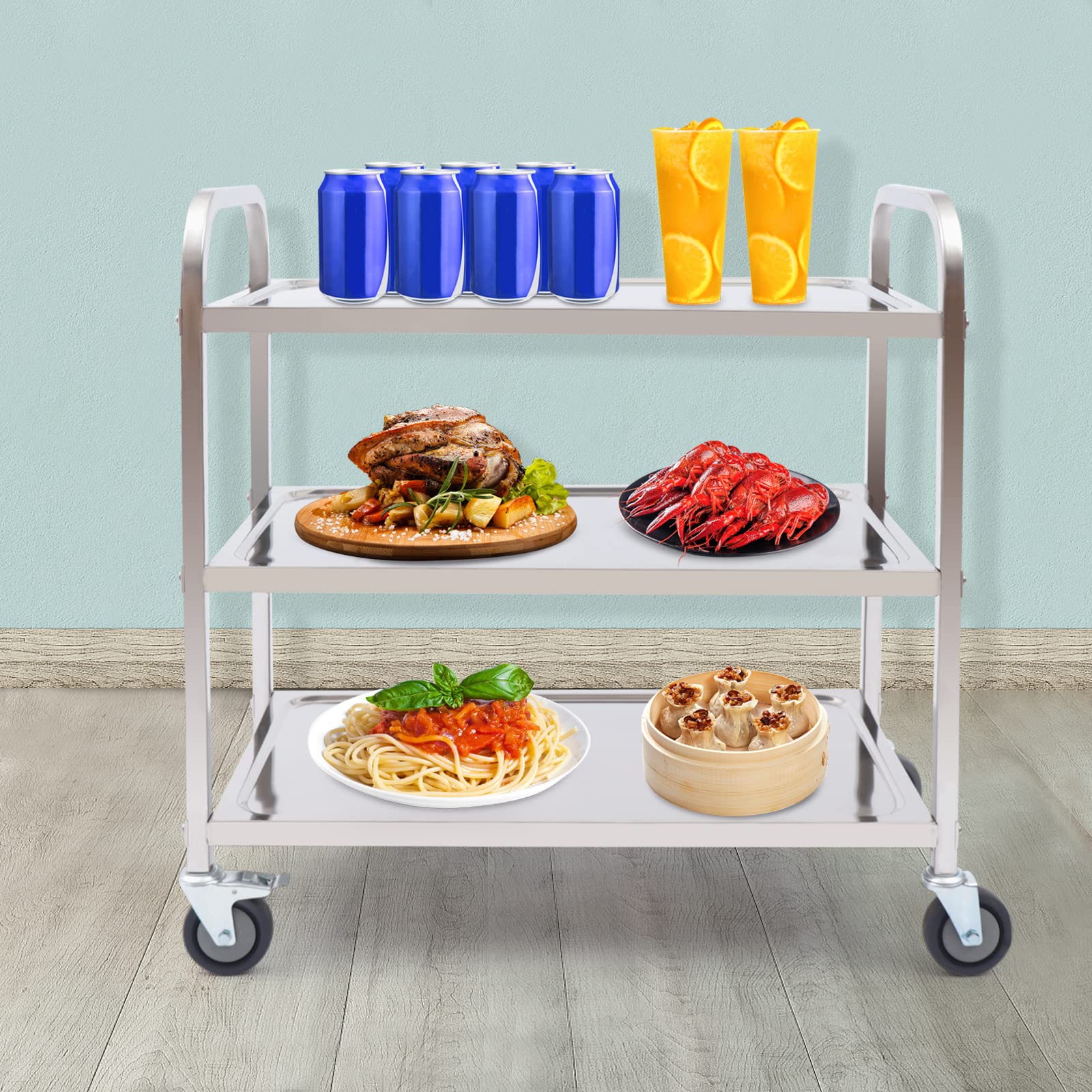 Carrello di servizio a 3 ripiani in acciaio inox, carrello da cucina, carrello per alimenti, carrello con freno, carrello per ristoranti, biblioteche, cucina, soggiorno, camera da letto, 85 x 45 x 90