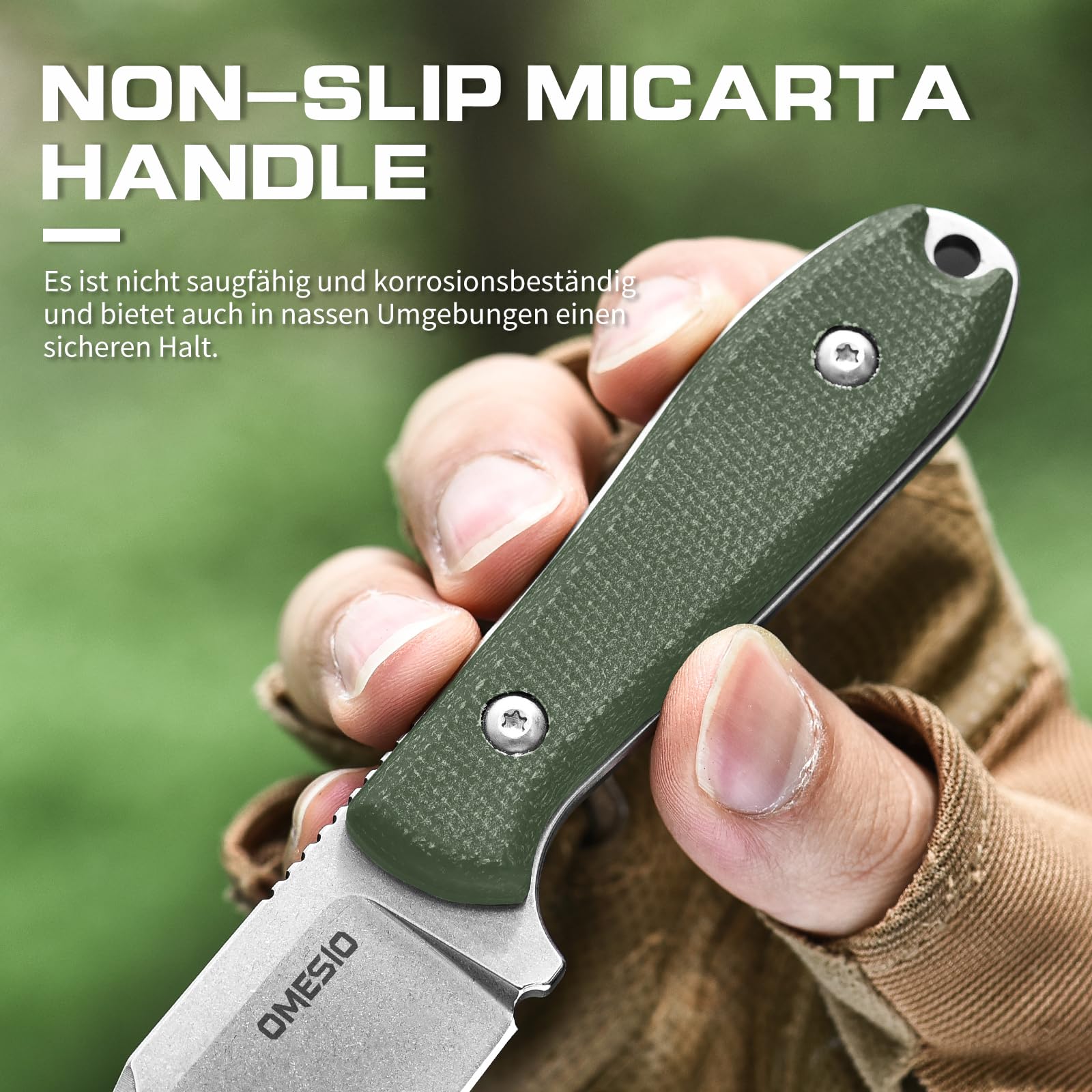 Omesio Couteau EDC D2 7,8 cm Manche Micarta avec Étui Kydex | Livré avec pierre à aiguiser et corde en nylon, idéal pour camping, randonnée et activités de plein air.